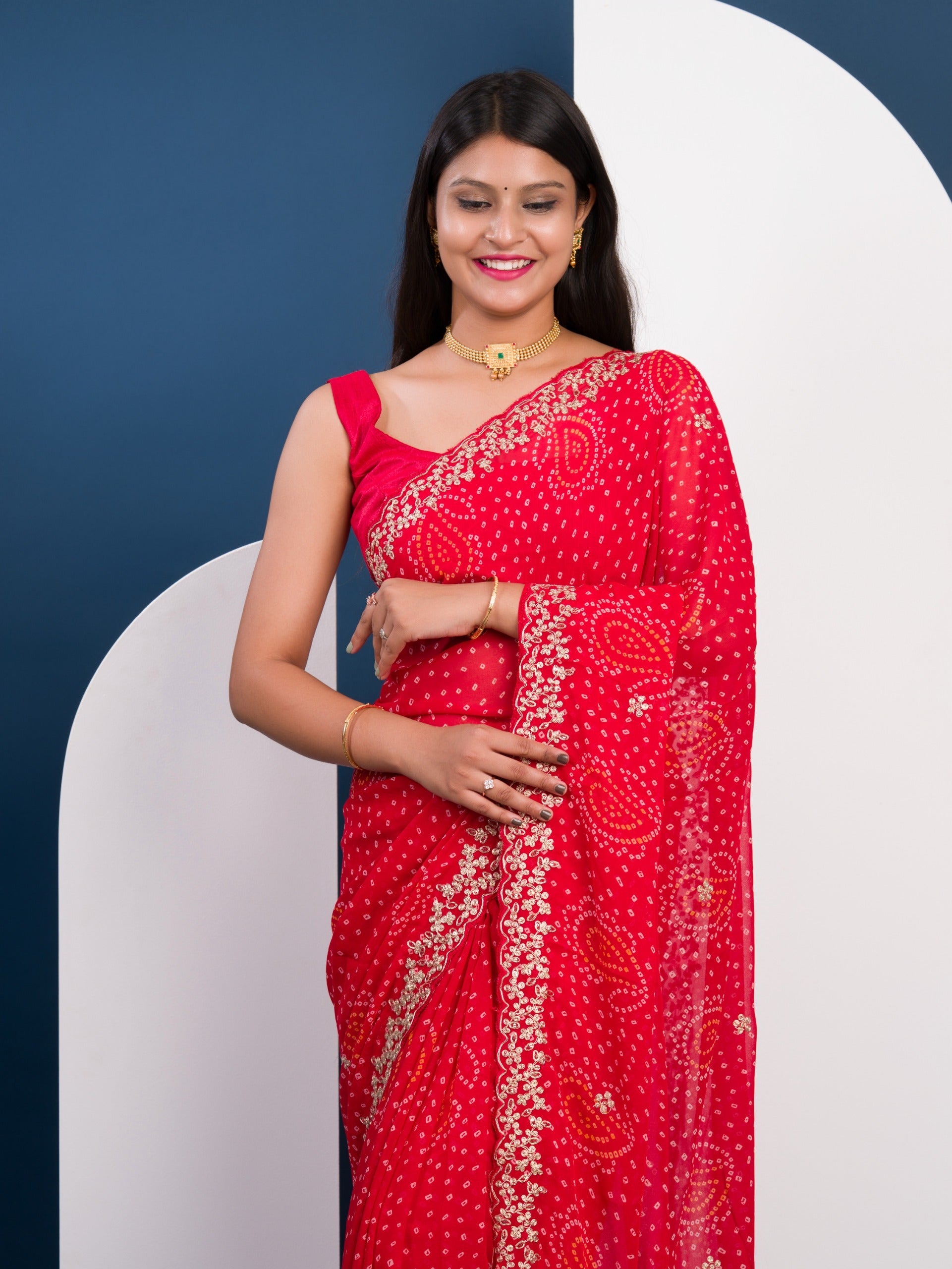 Handmade Pitta Aari Work saree in red colour
