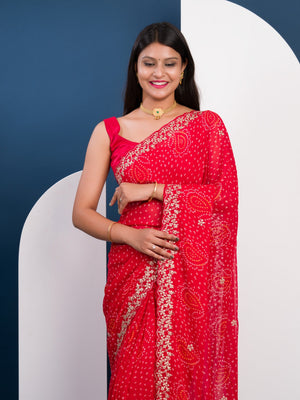 Handmade Pitta Aari Work saree in red colour