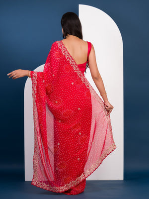 Handmade Pitta Aari Work saree in red colour