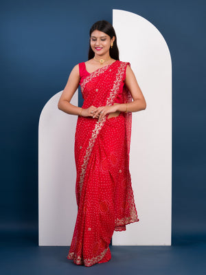 Handmade Pitta Aari Work saree in red colour