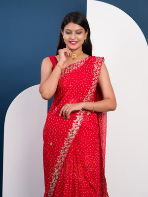 Handmade Pitta Aari Work saree in red colour