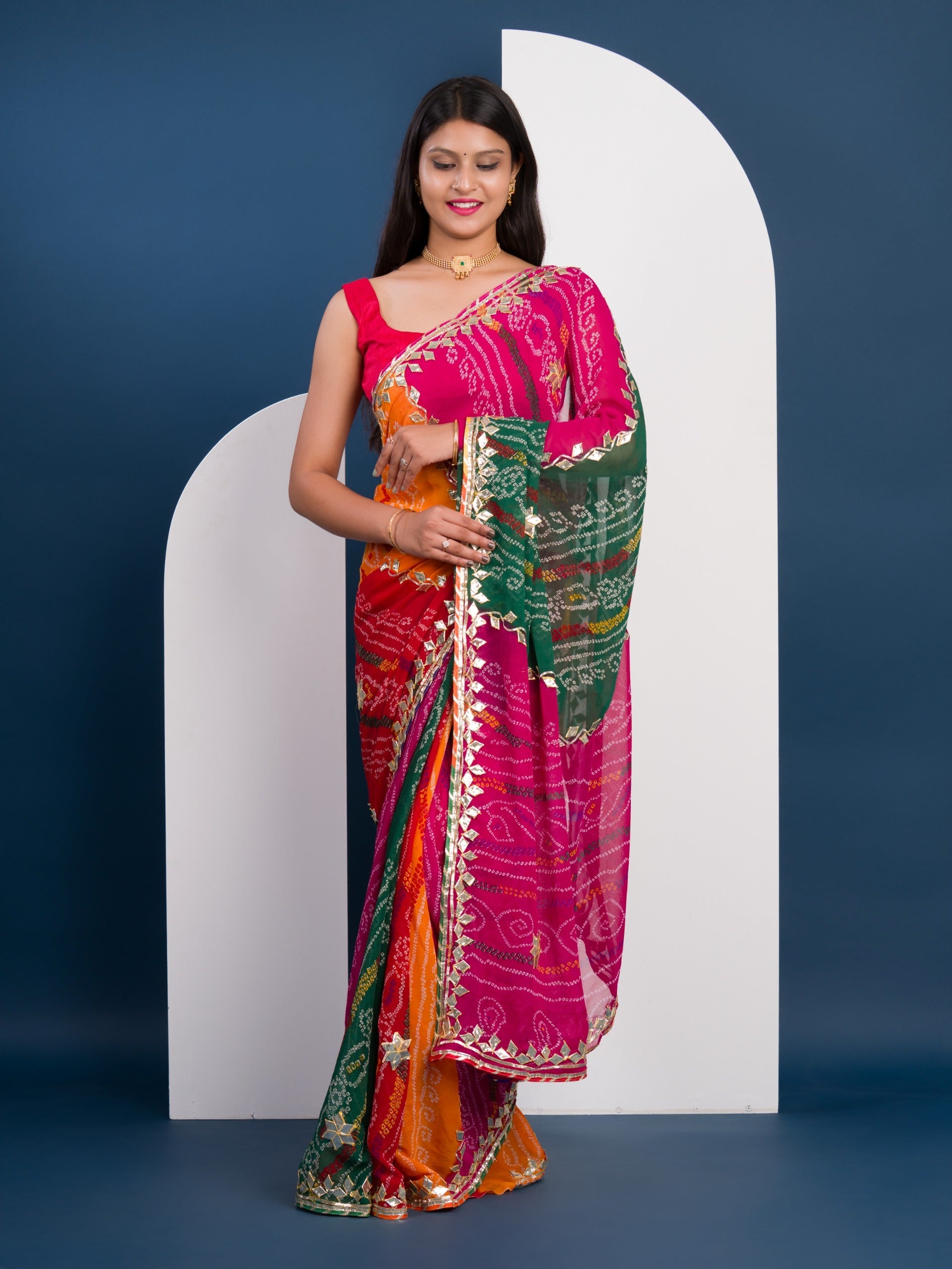 Tanmira Pure Georgette Multi Colour Leheriya Bandhej Gotapatti Work Saree MHS