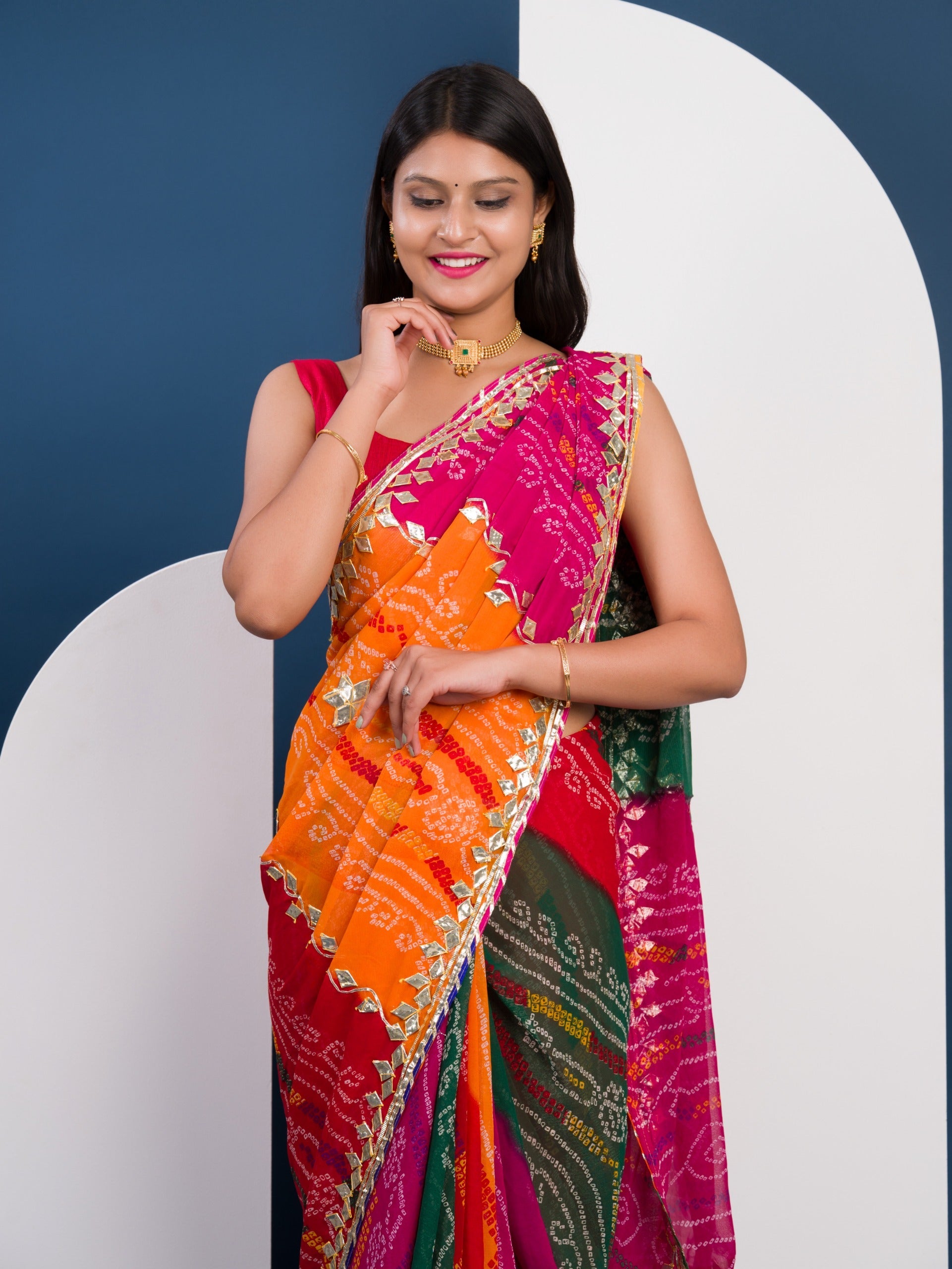 Tanmira Pure Georgette Multi Colour Leheriya Bandhej Gotapatti Work Saree MHS