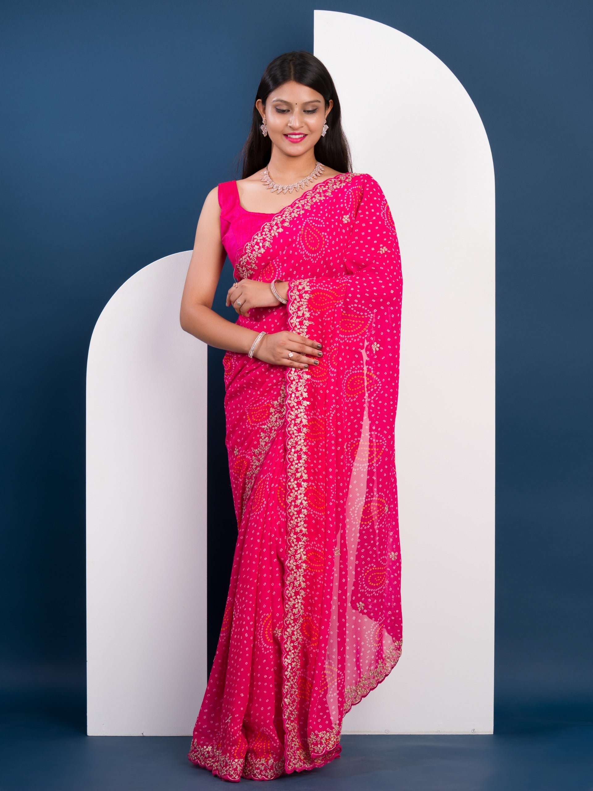 Tanmira Launching New Pure Mos Chiffon Hand Pitta Aari Work Bandhani Saree SWA