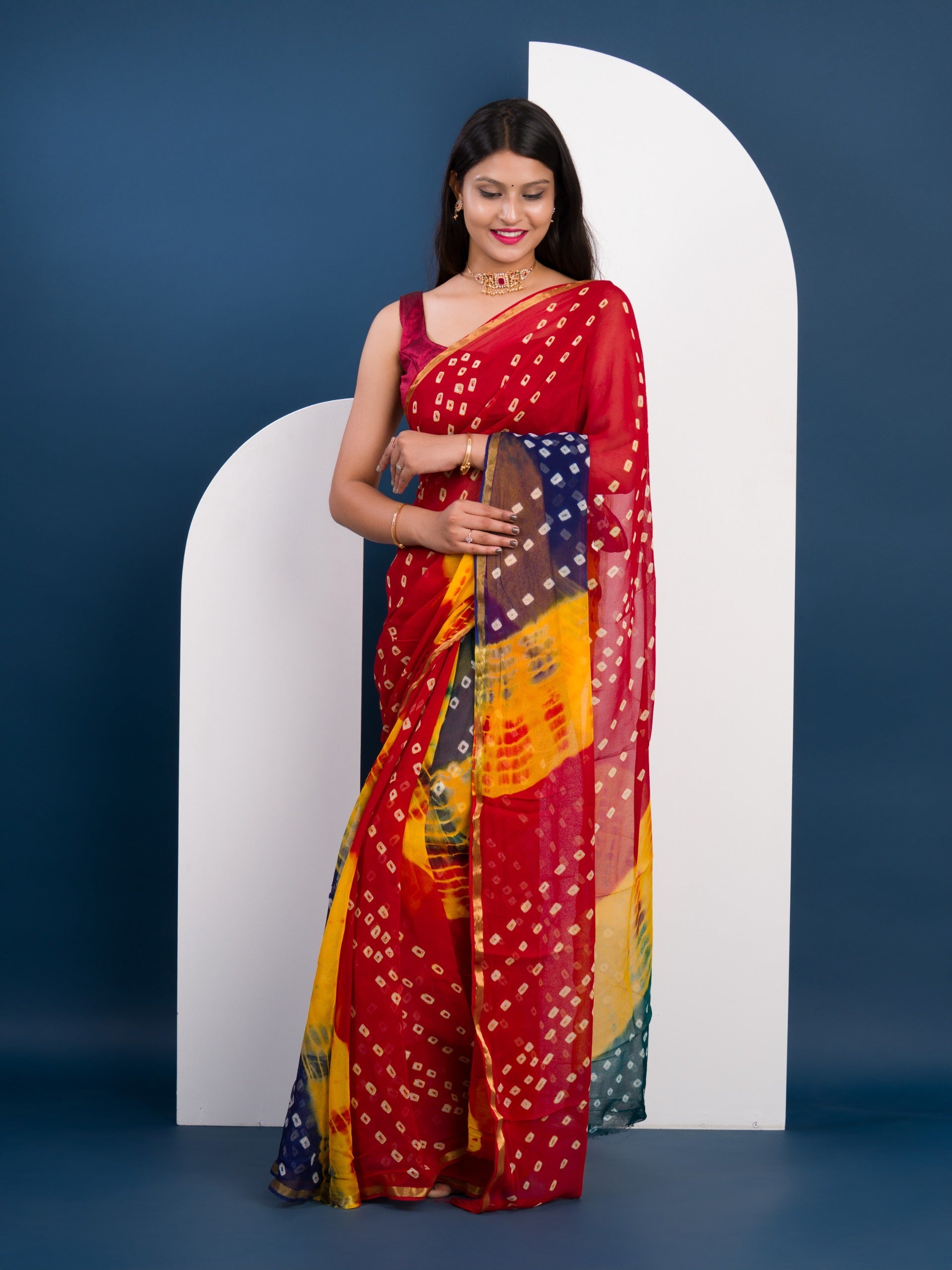 Tanmira New Pure Georgette Multi Colour Shibori Print Bandhni saree Kar