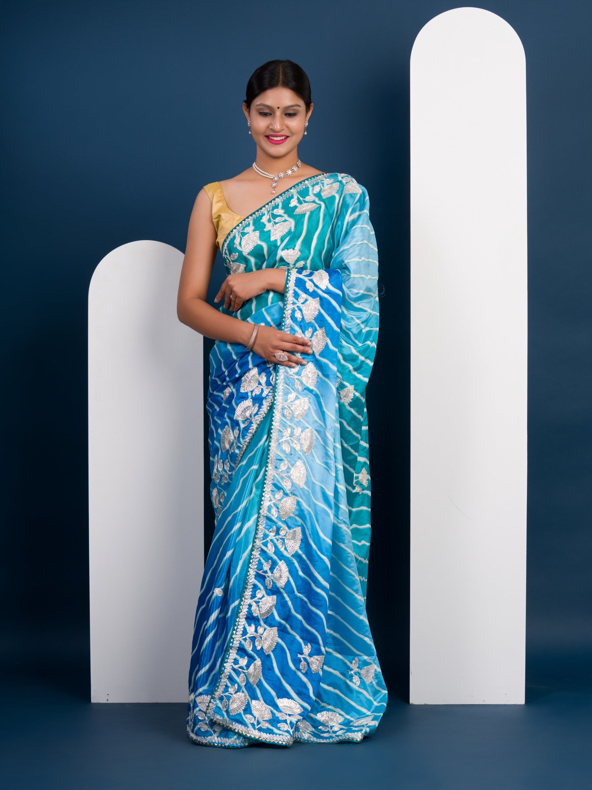 Tanmira Latest Satin Silk Multicolored Tifli Leheriya Gotapatti work Saree 3