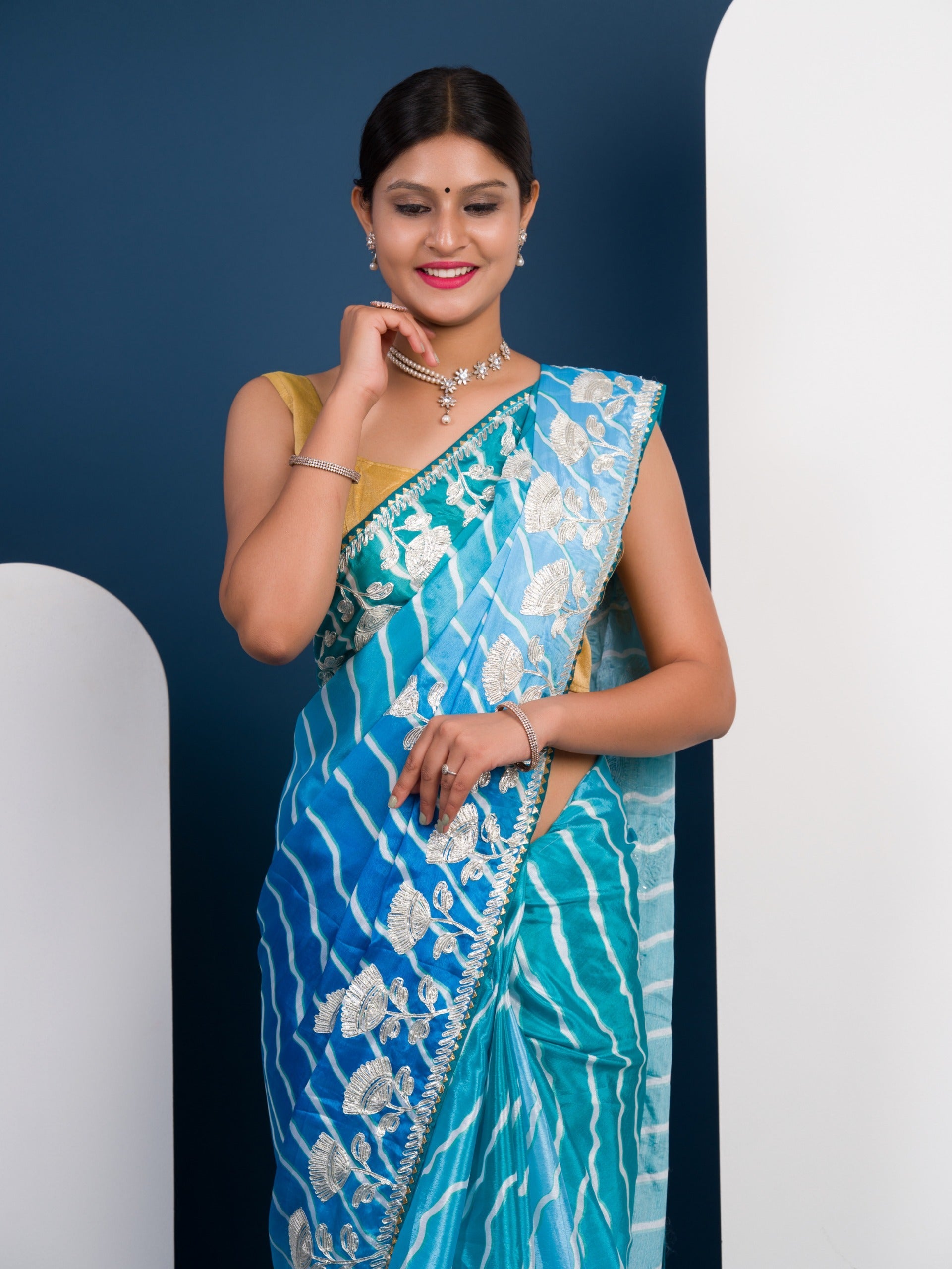 Tanmira Latest Satin Silk Multicolored Tifli Leheriya Gotapatti work Saree 3