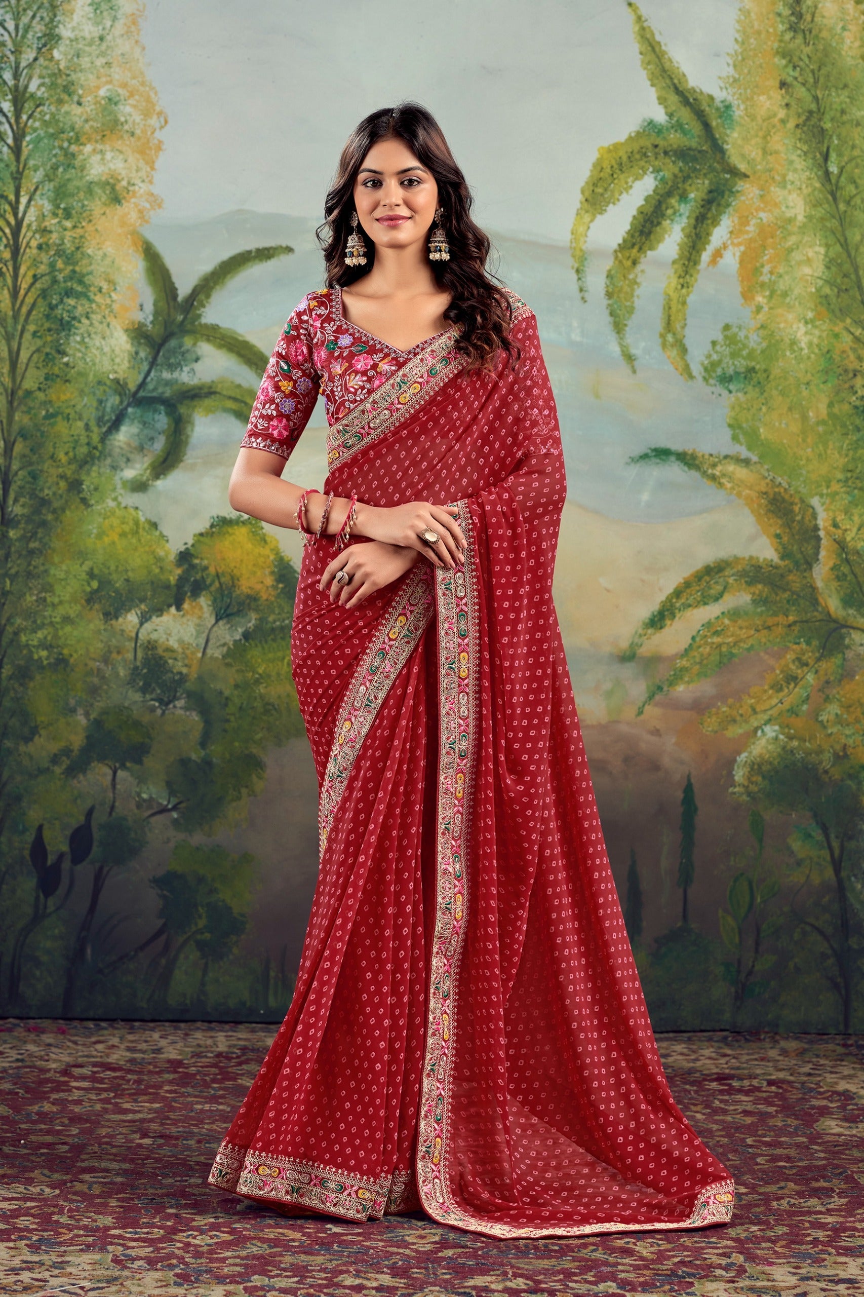 Georgette Bandhani With Gotapatti Work Saree in red colour