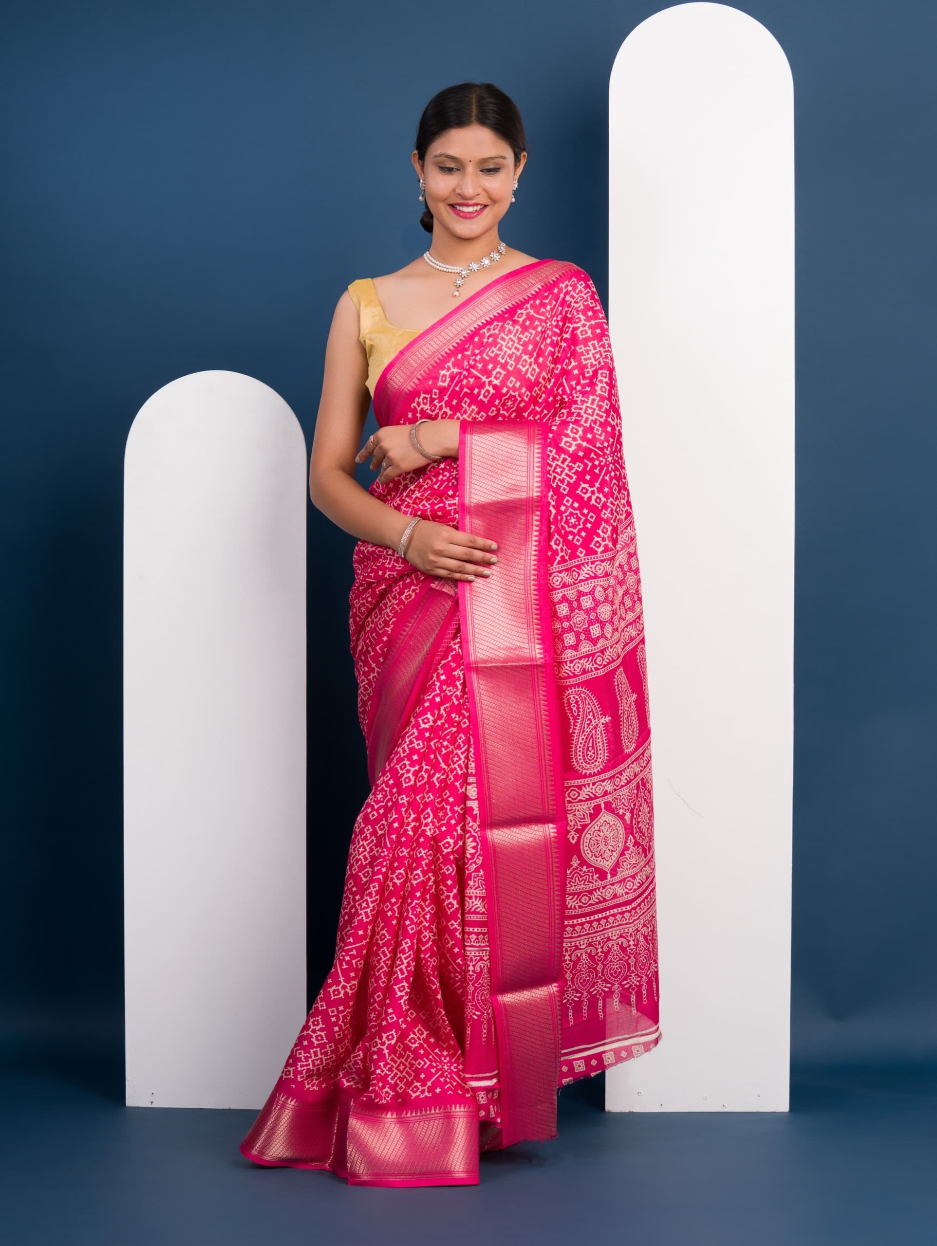 Tanmira New Special Cotton silk Ajrakh style With Ajrakh HandPrint Work Saree STL