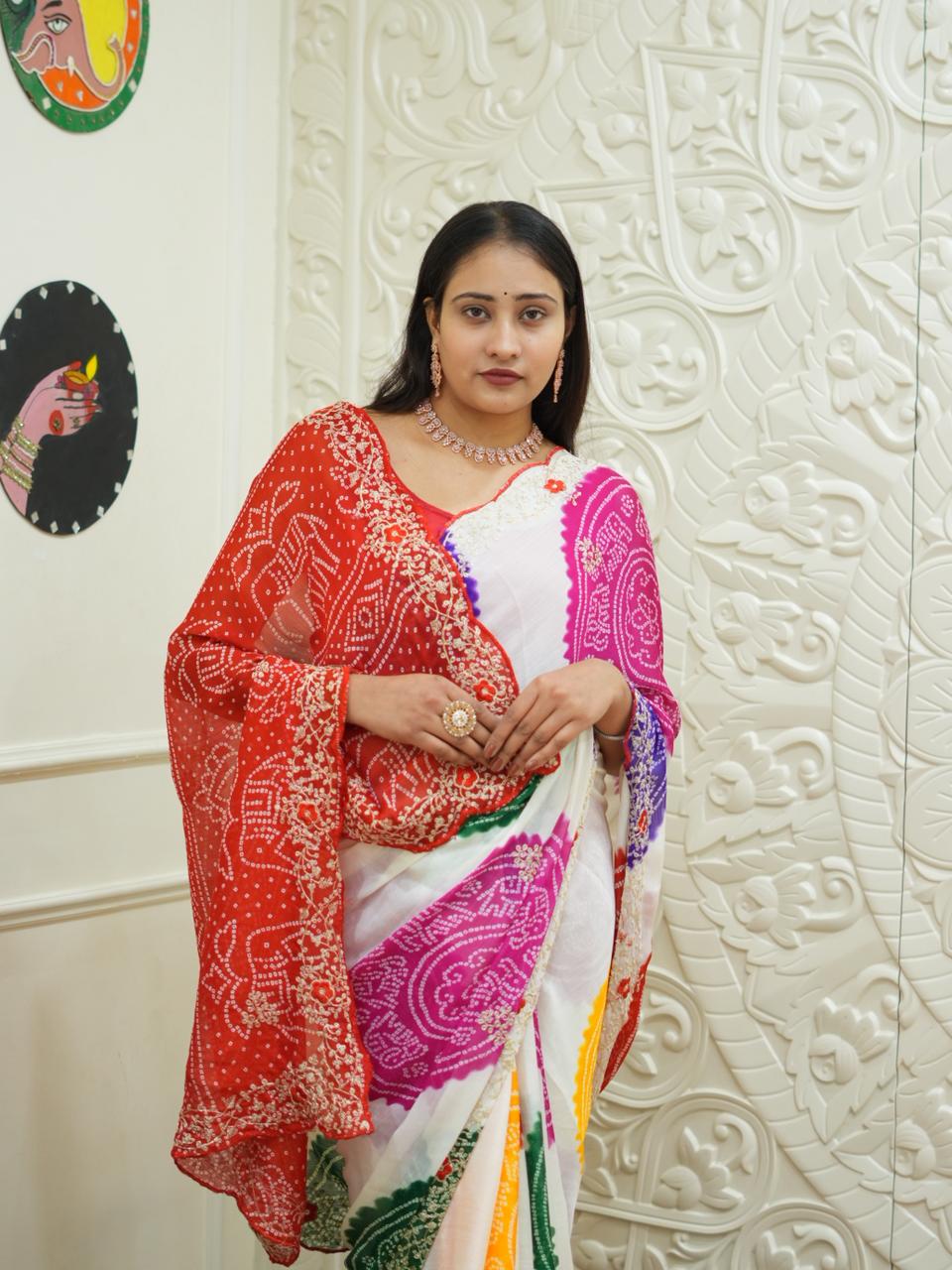 By Bandhani Saree With Traditional Wear