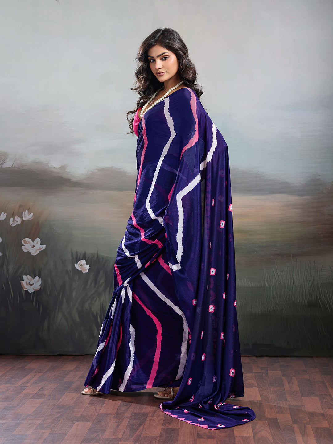 Tanmira Latest Jaipuri Traditional Chinon Bandhani Saree Navy Blue