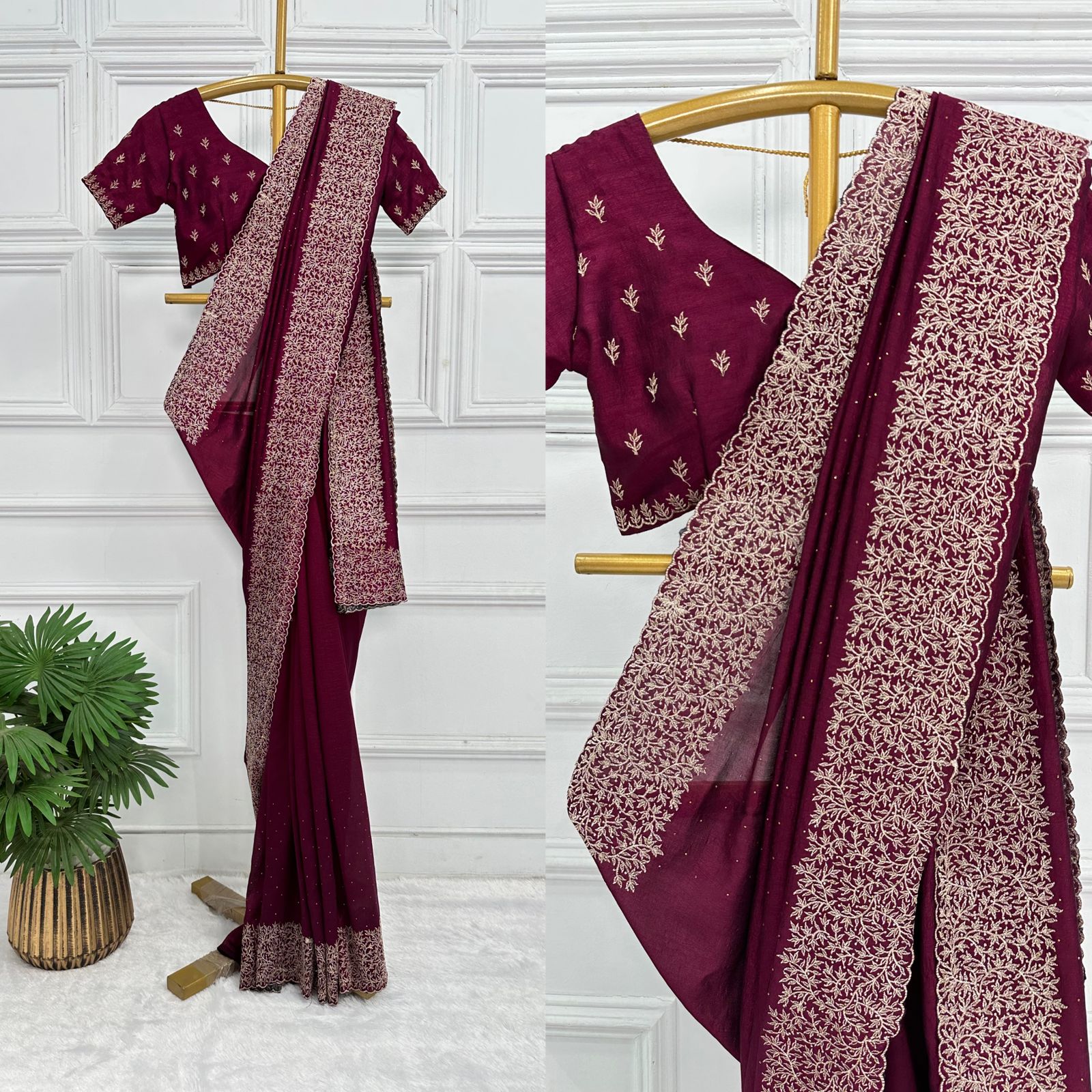 Tanmira Latest Heavy Blooming Vichitra Silk Embroidery Saree HM Wine