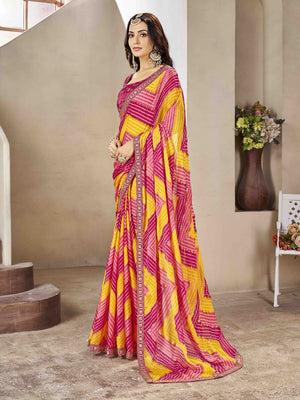 Zig Zag Foil Print Bandhani style saree