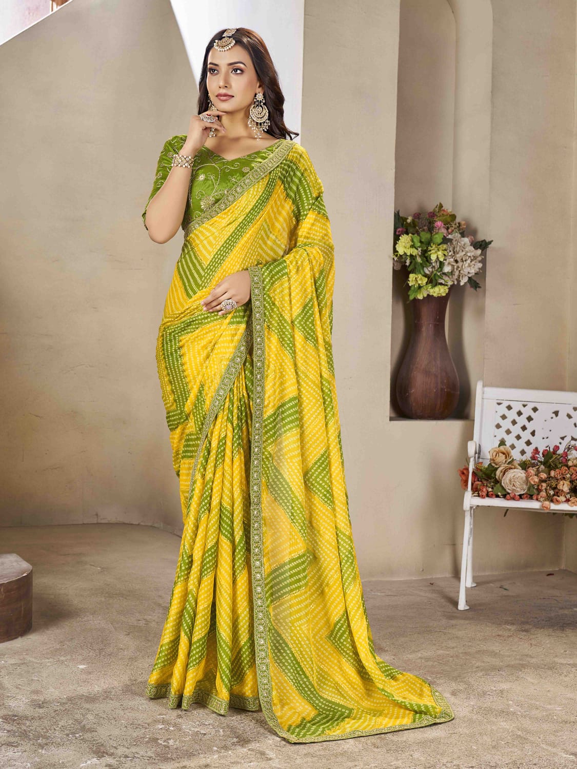 Tanmira New chiffon Zig Zag Foil Print Bandhani Saree STR