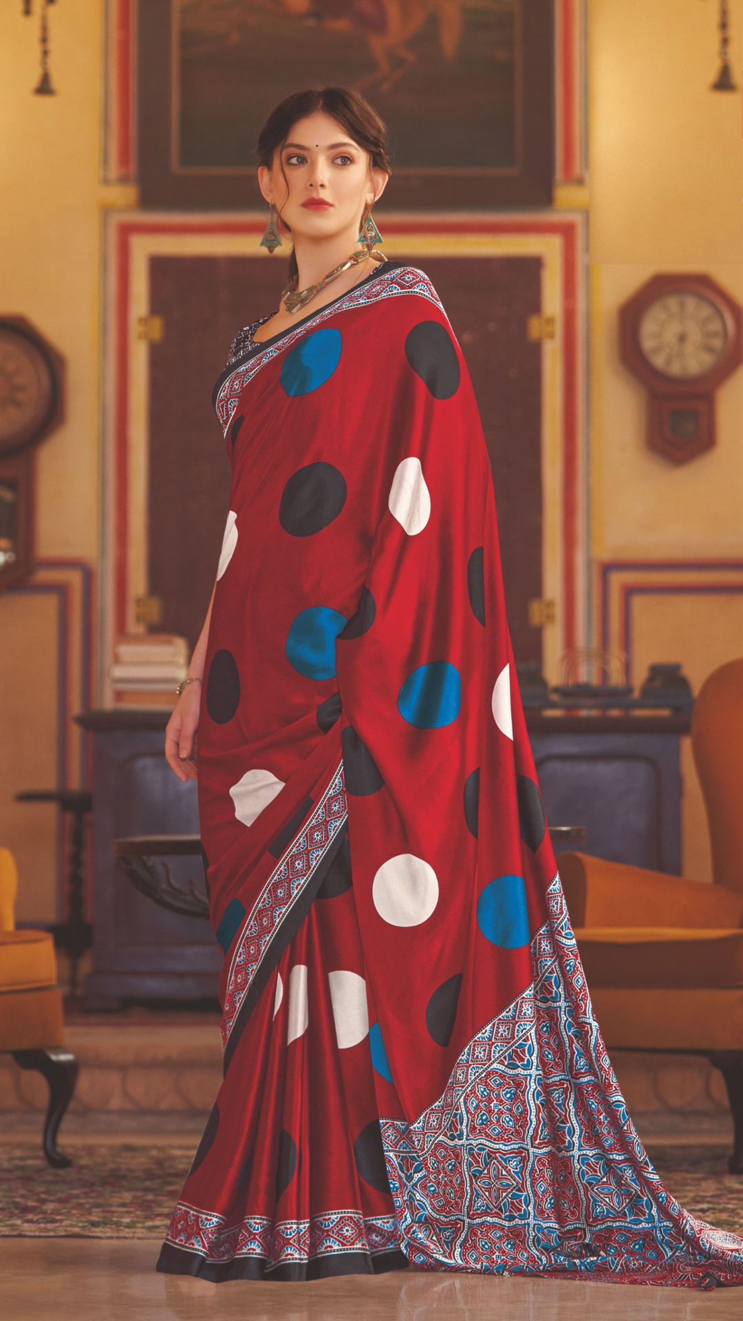 Tanmira Launching New Modal Silk Ajrakh Print Saree With Blouse,APL