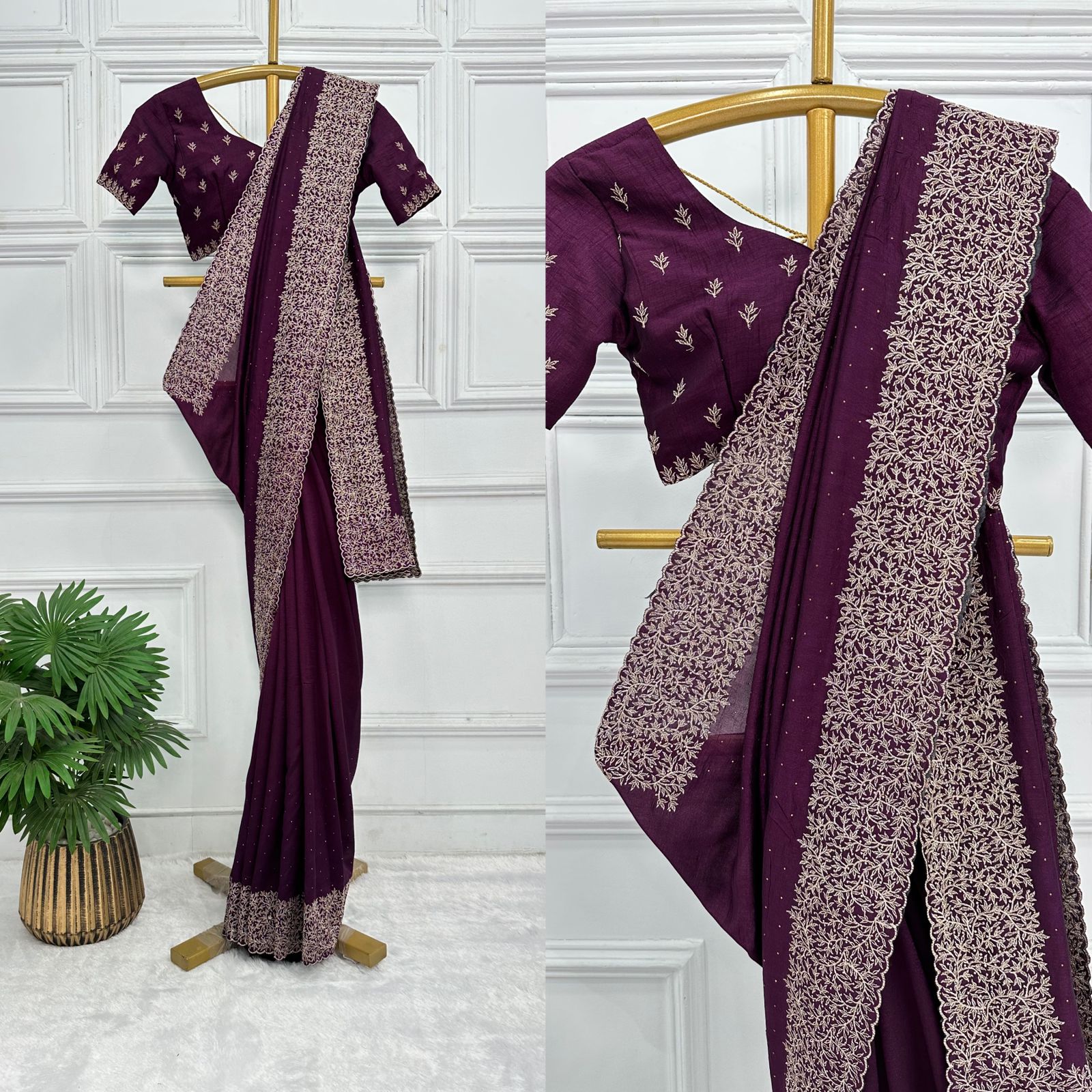 Tanmira Latest Heavy Blooming Vichitra Silk Embroidery Saree HM Purple