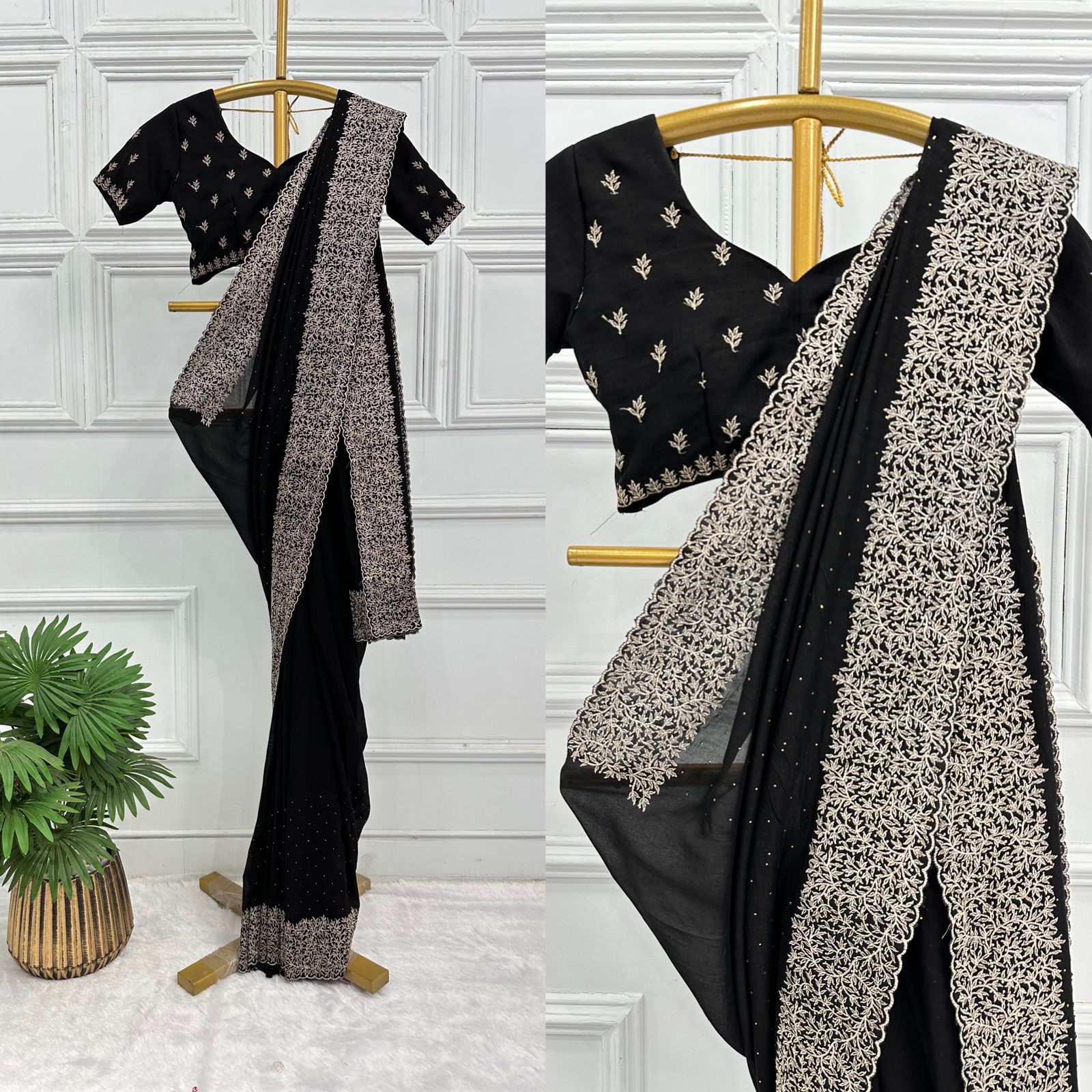 Tanmira Latest Heavy Blooming Vichitra Silk embroidery Saree HM Black