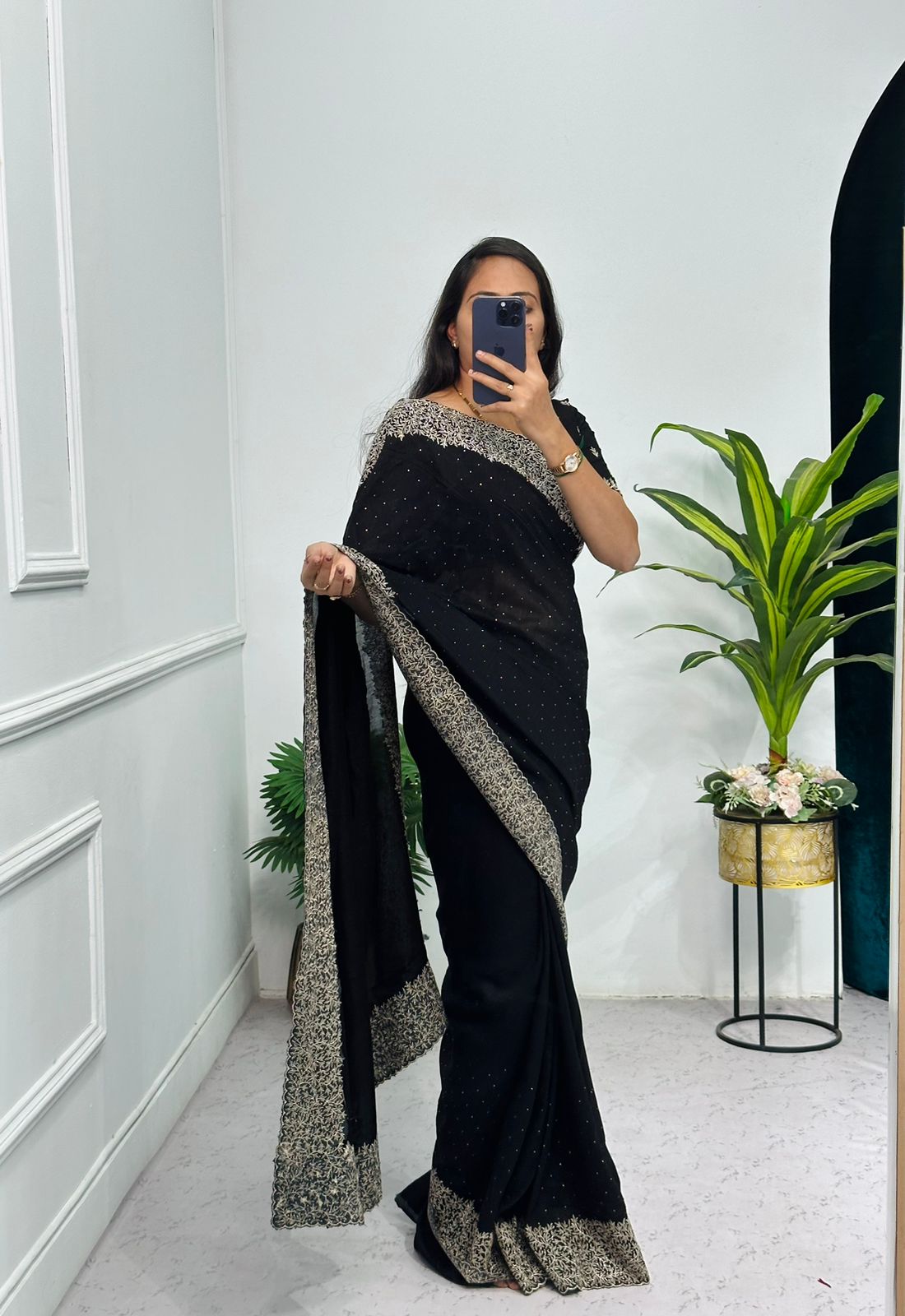 Tanmira Latest Heavy Blooming Vichitra Silk embroidery Saree HM Black