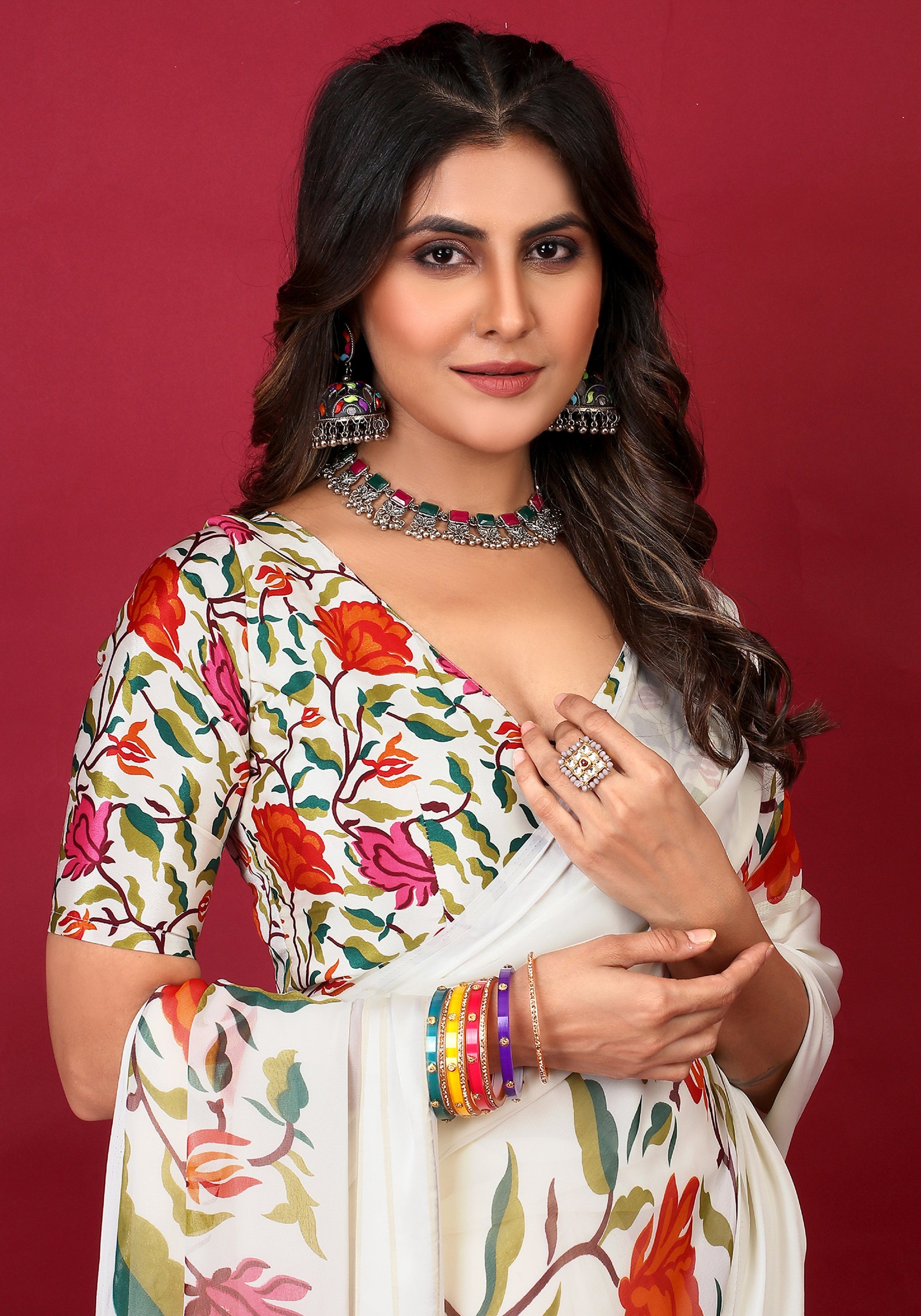 Tanmira Pure chiffon Satin Patta floral print designer aree With Blouse STR