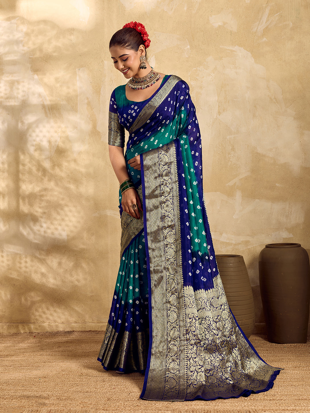 New Viscos Silk Bandhani Saree With Zari Border Tanmira sam Rama Royal Blue   RBW