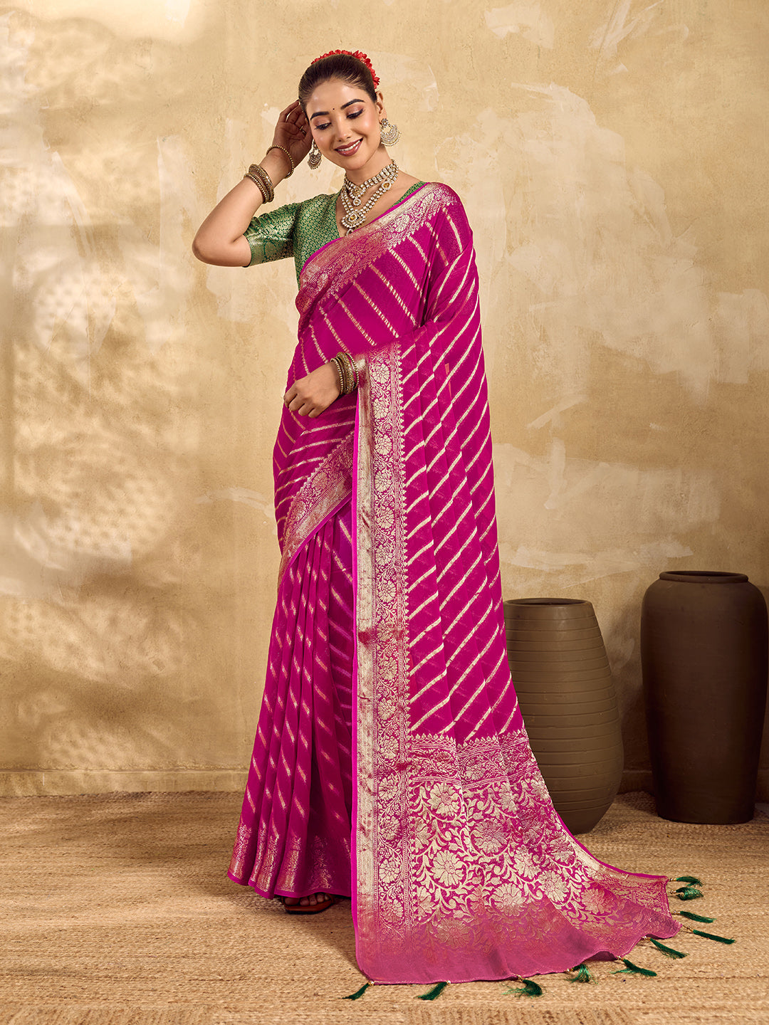 Tanmira Pure khaddi Georgette Banarasi Handloom Leheriya Zari Weaving Saree  MAHA