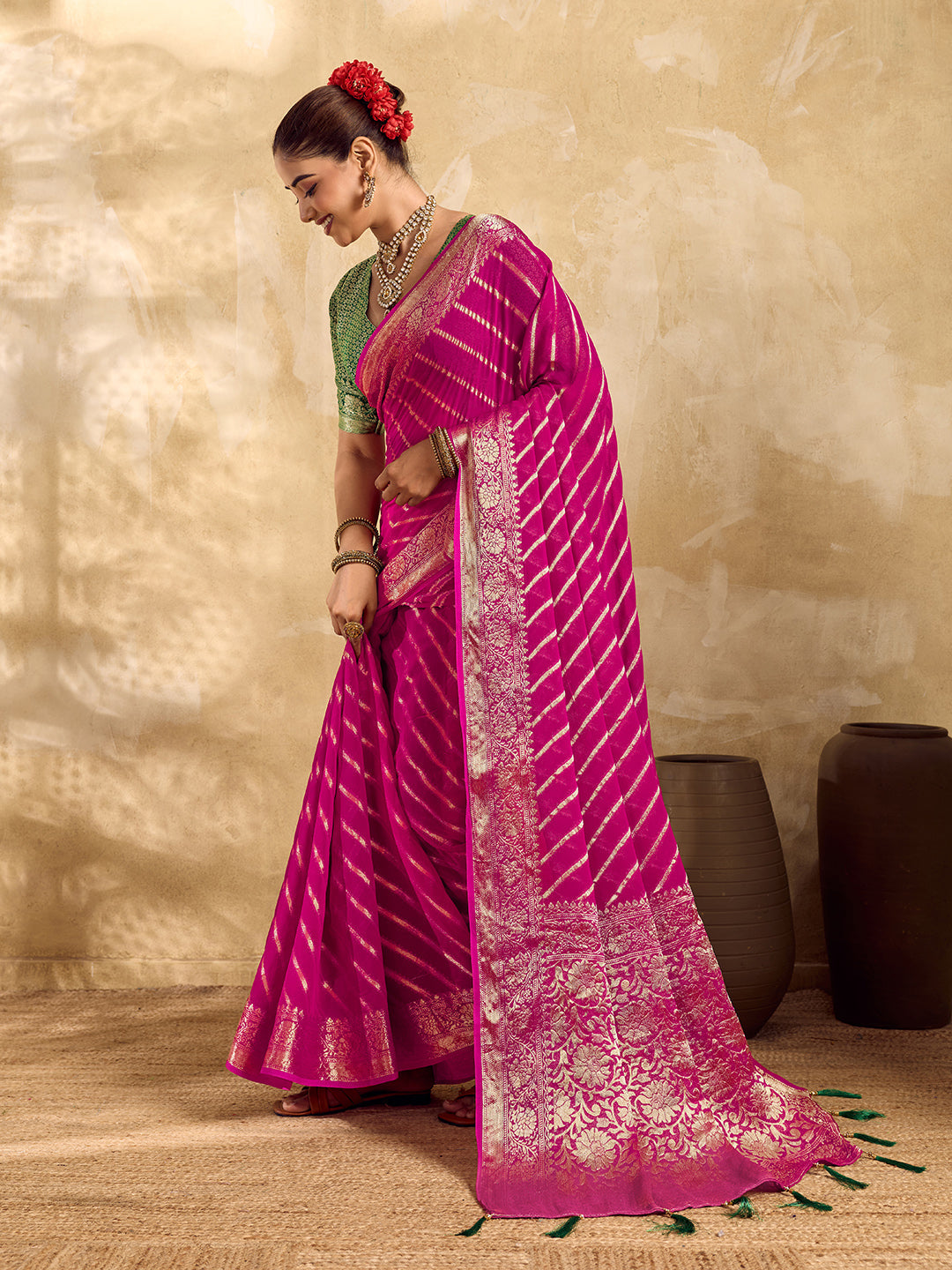 Tanmira Pure khaddi Georgette Banarasi Handloom Leheriya Zari Weaving Saree  MAHA