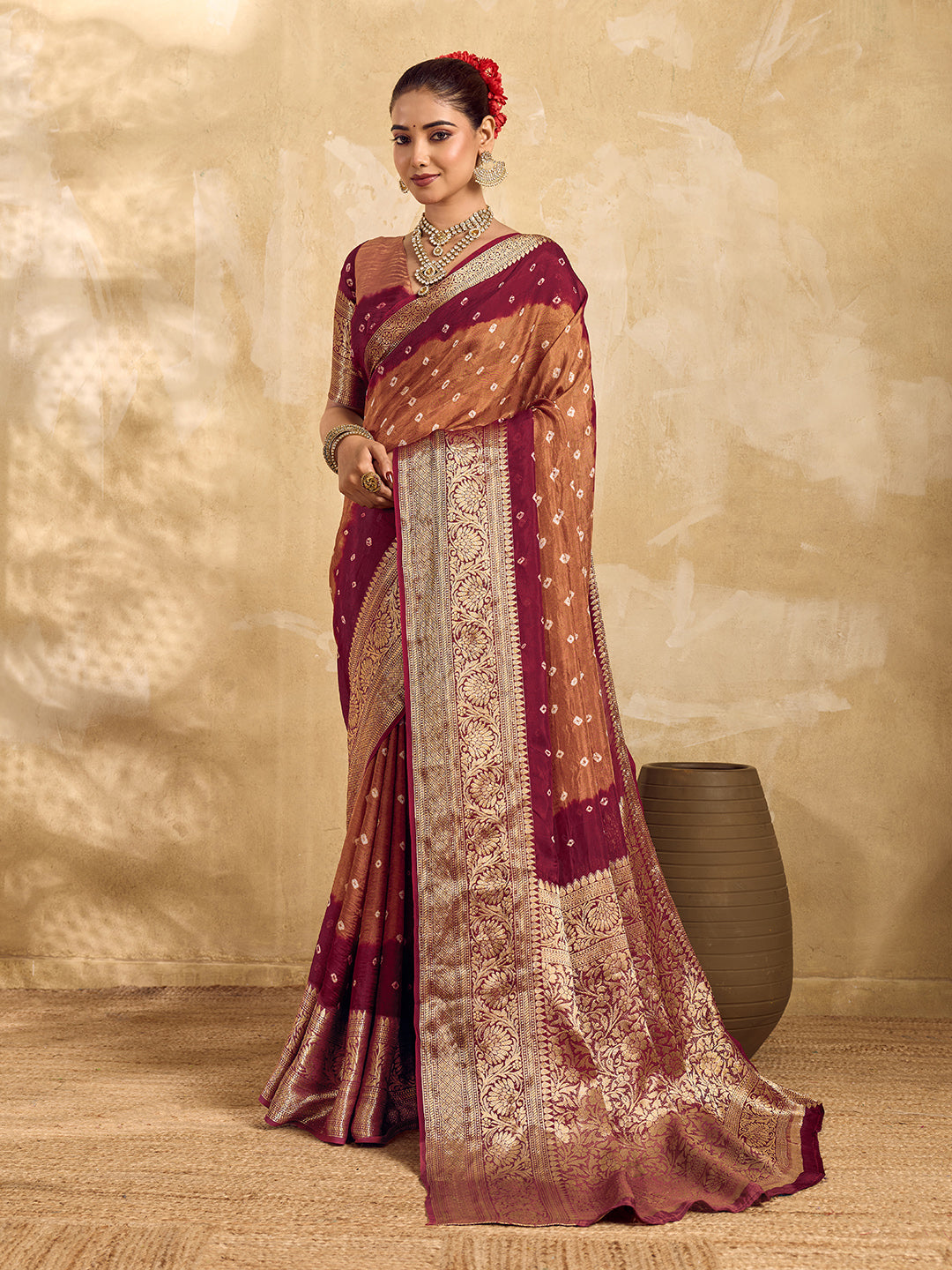  Buy silk saree for festive wear in maroon colour 
