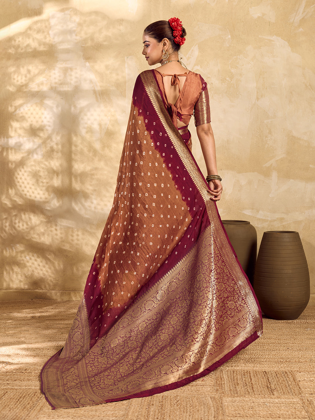  Buy silk saree for festive wear in maroon colour 