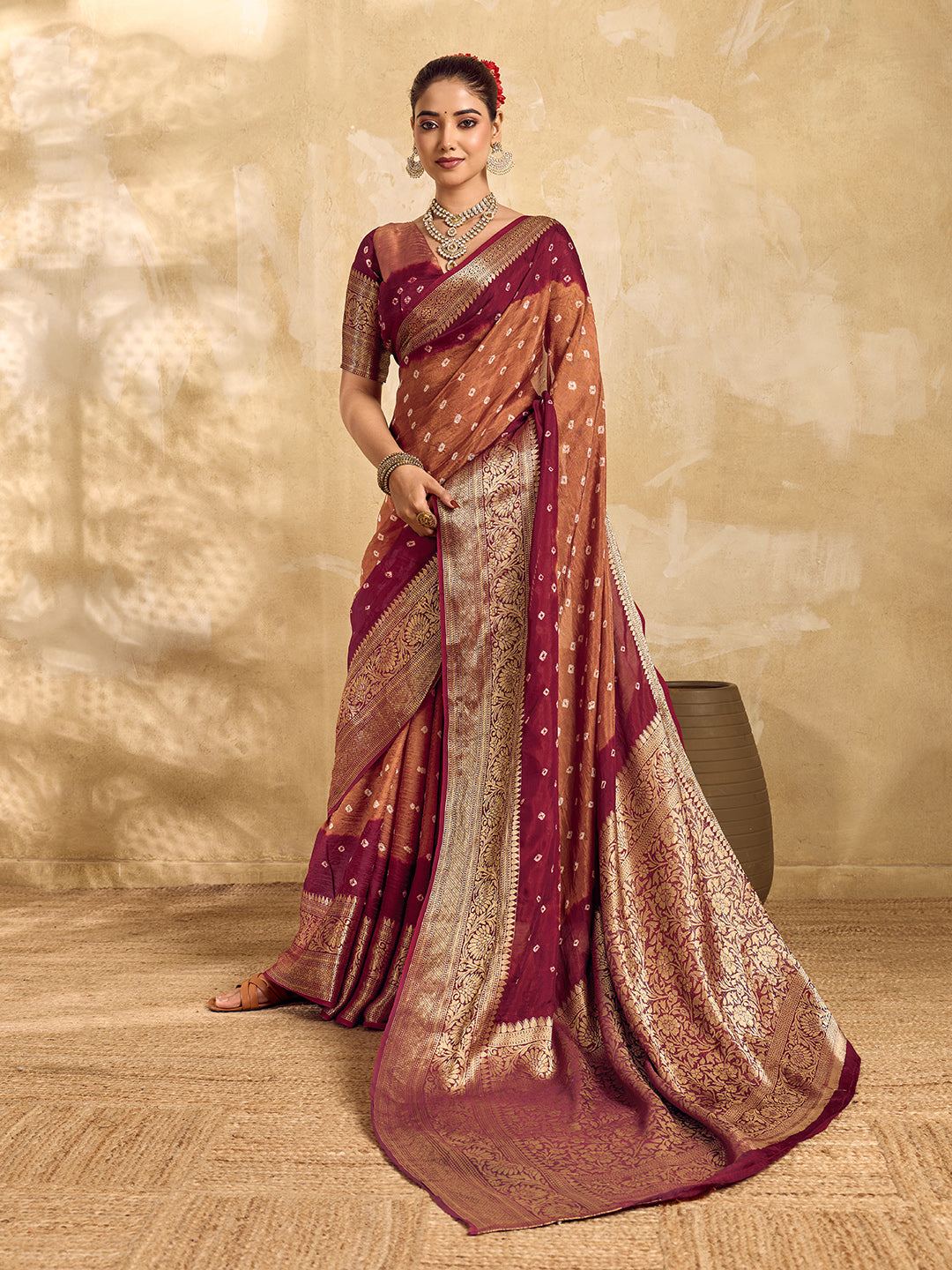  Buy silk saree for festive wear in maroon colour 