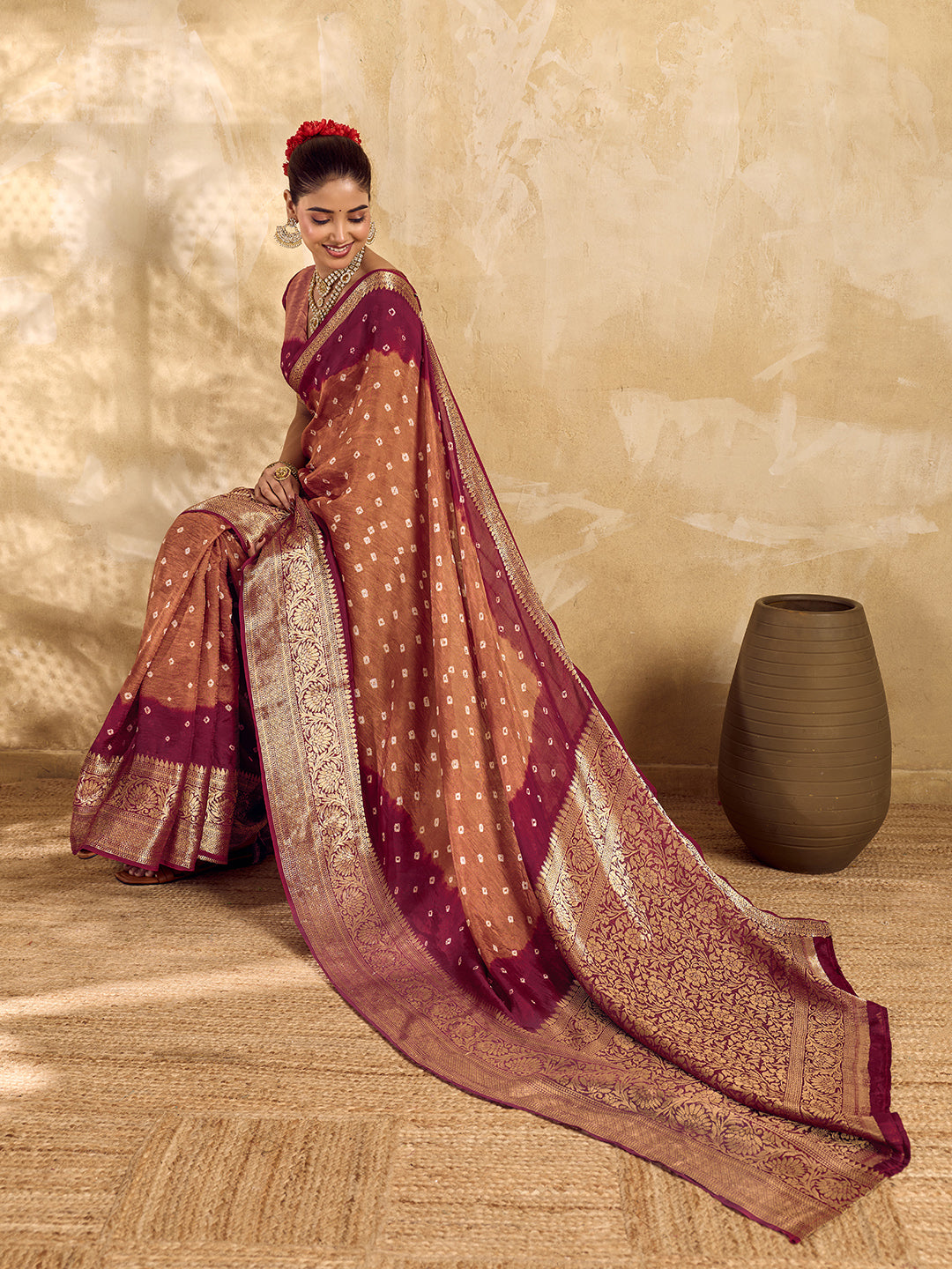  Buy silk saree for festive wear in maroon colour 