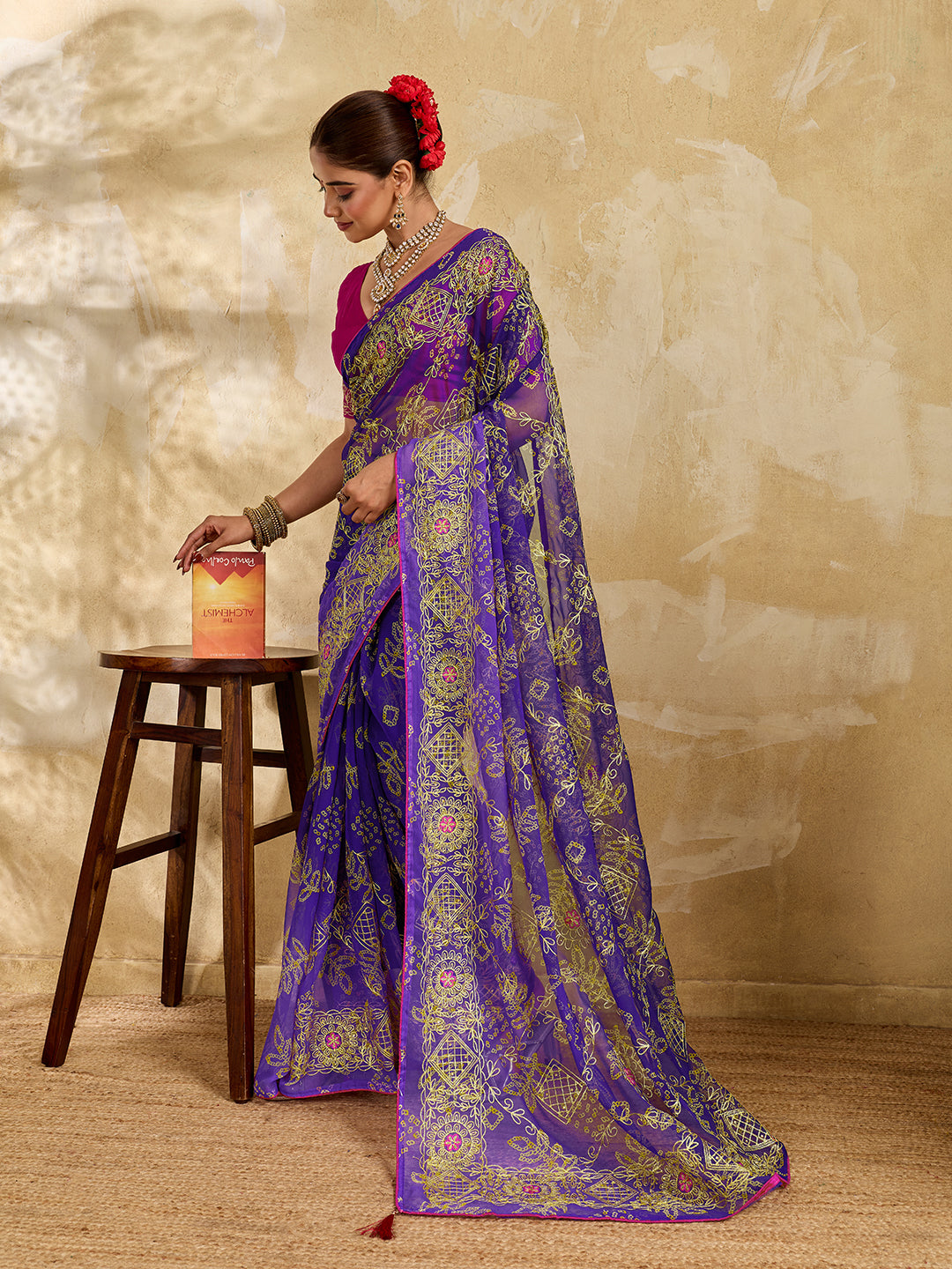 Buy Chiffon Saree Bandhani Style With Aari Work Tanmira