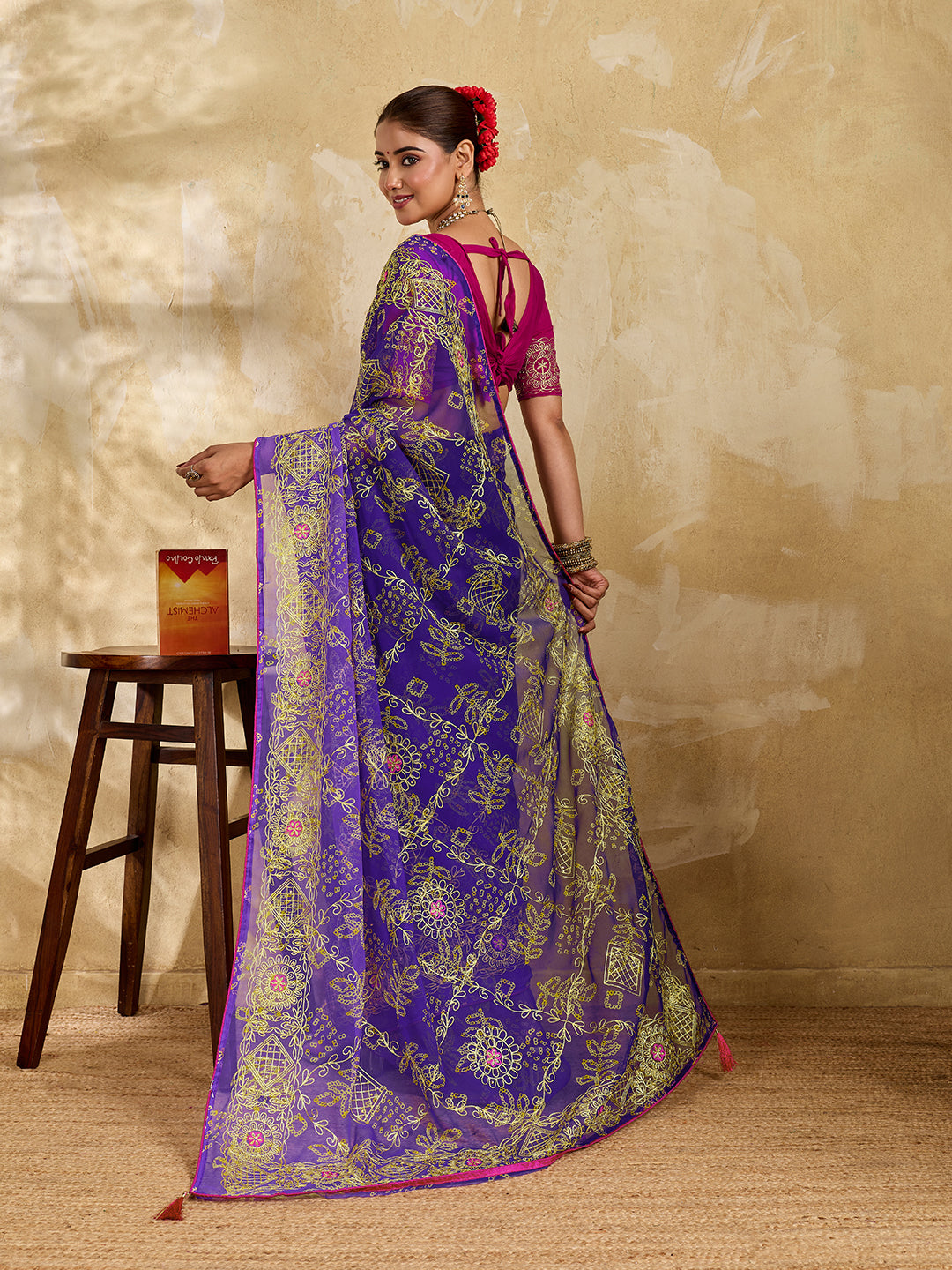 Buy Chiffon Saree Bandhani Style With Aari Work Tanmira