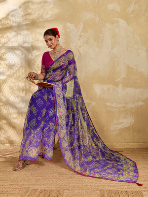 Buy Chiffon Saree Bandhani Style With Aari Work Tanmira