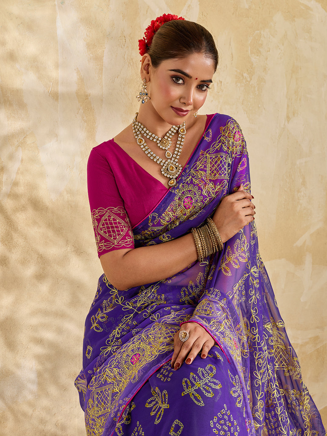 Buy Chiffon Saree Bandhani Style With Aari Work Tanmira