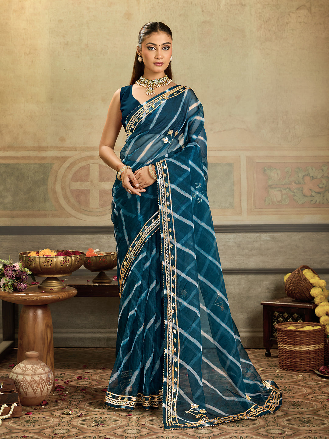 Tanmira  New Arrival Organza Leheriya Style With Gotapatti Work Saree MHS
