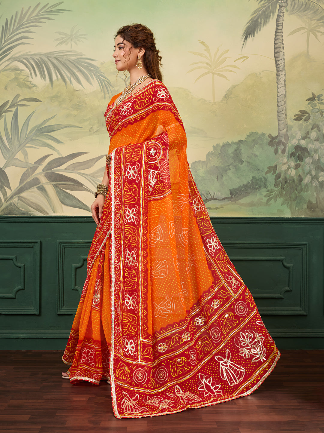 Tanmira  New Premium Georgette Bandhani Style Saree Featuring Fine Gotapatti Embellishment   PDM