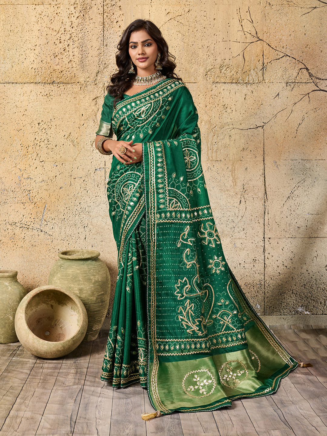 Tanmira  New Royal Bandhani with Kachha Gota Patti Glow Modal Silk Saree  VK