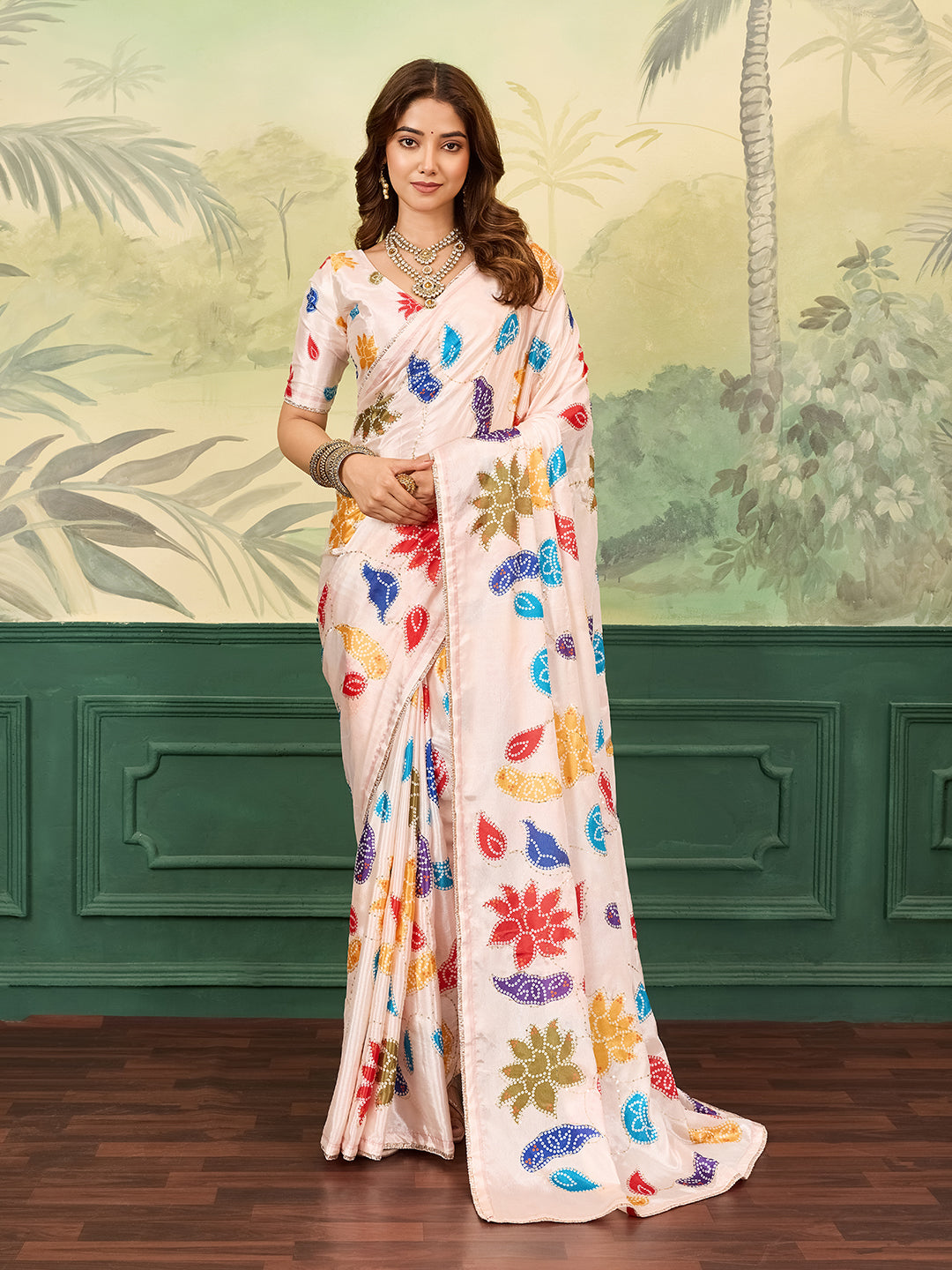 Tanmira  New Elegant Chinon Bandhani Saree with Gota Patti Work SAW