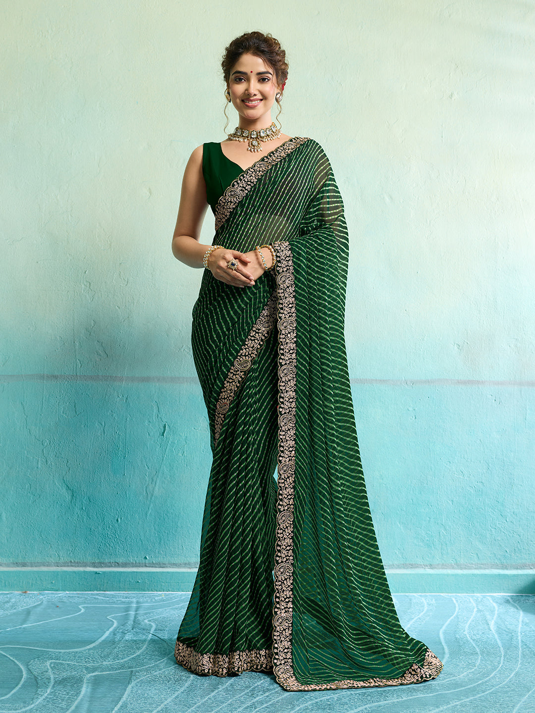 Tanmira  New Beautiful Chiffon Leheriya Style With Embroidery Border Work Saree STL