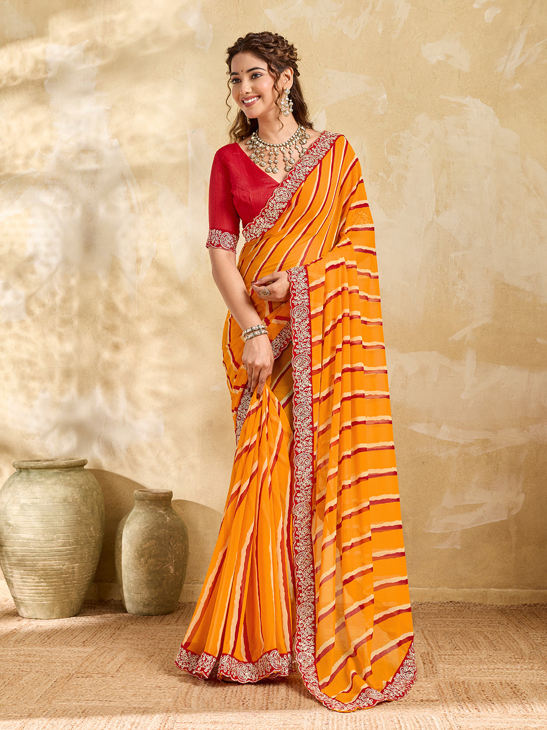 Tanmira  New Latest Chiffon Leheriya Style With Embroidery Border Work Saree STL