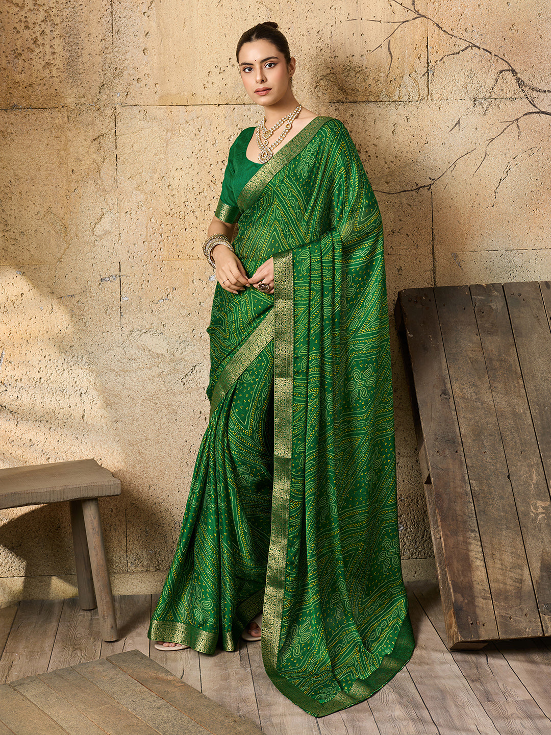 Tanmira Beautiful Moss Chiffon Georgette Bandhani Sarees  Green