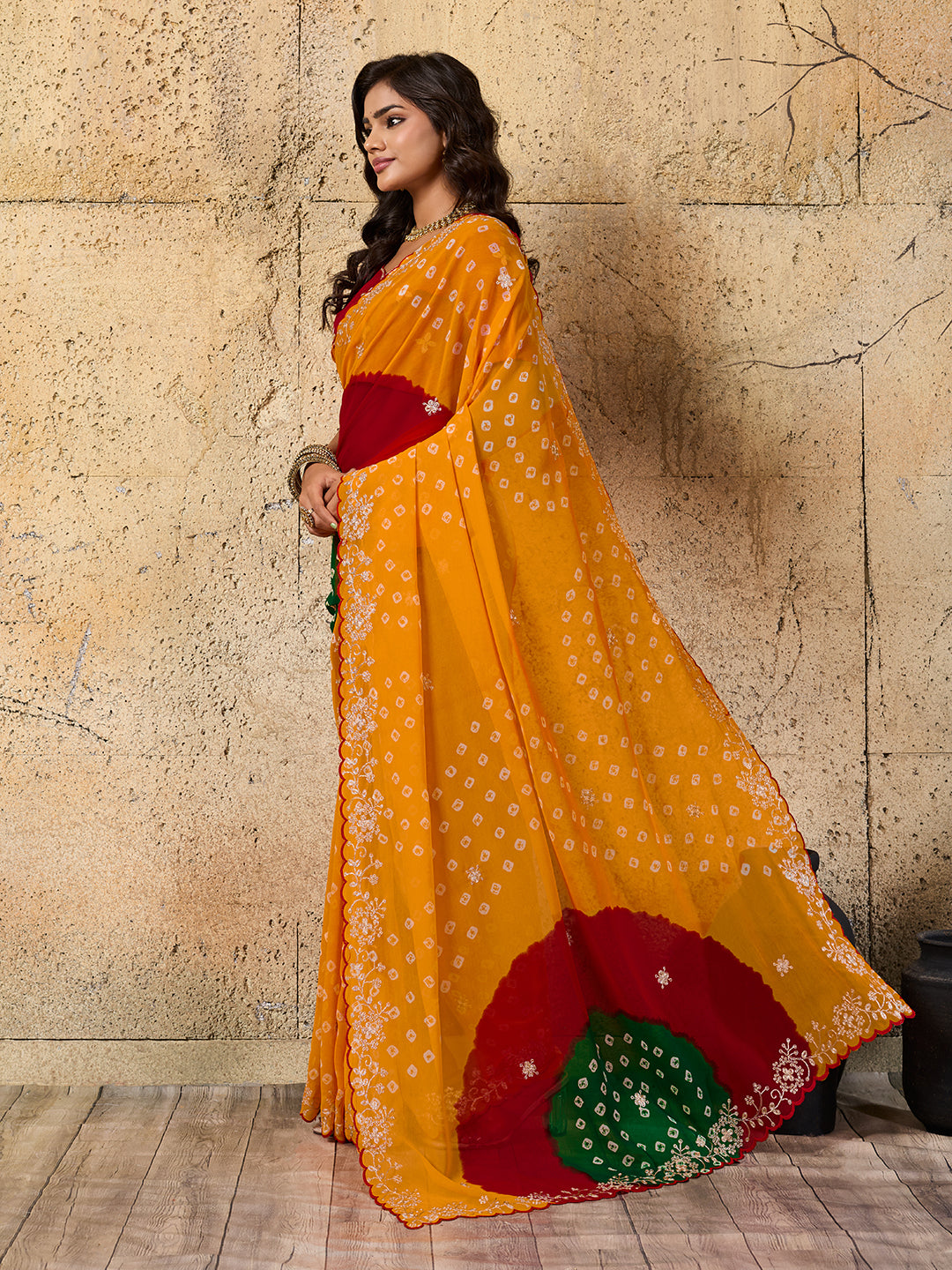 Tanmira  New Georgette Bandhani Saree with Stylish Peturn Work Contrast Blouse SWA