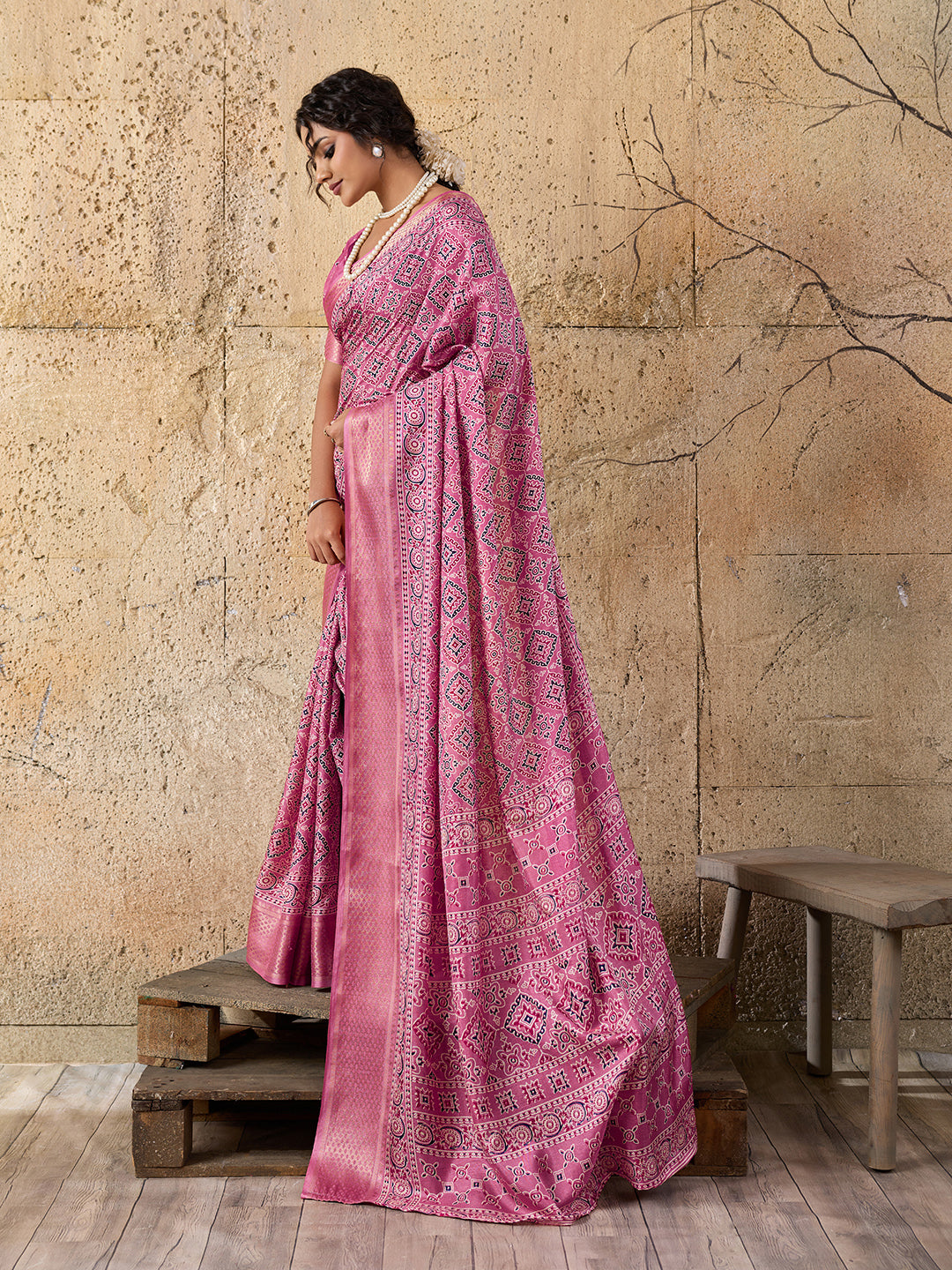 Tanmira  New Beautiful Cotton silk Ajrakh style With Ajrakh HandPrint Work Saree STL