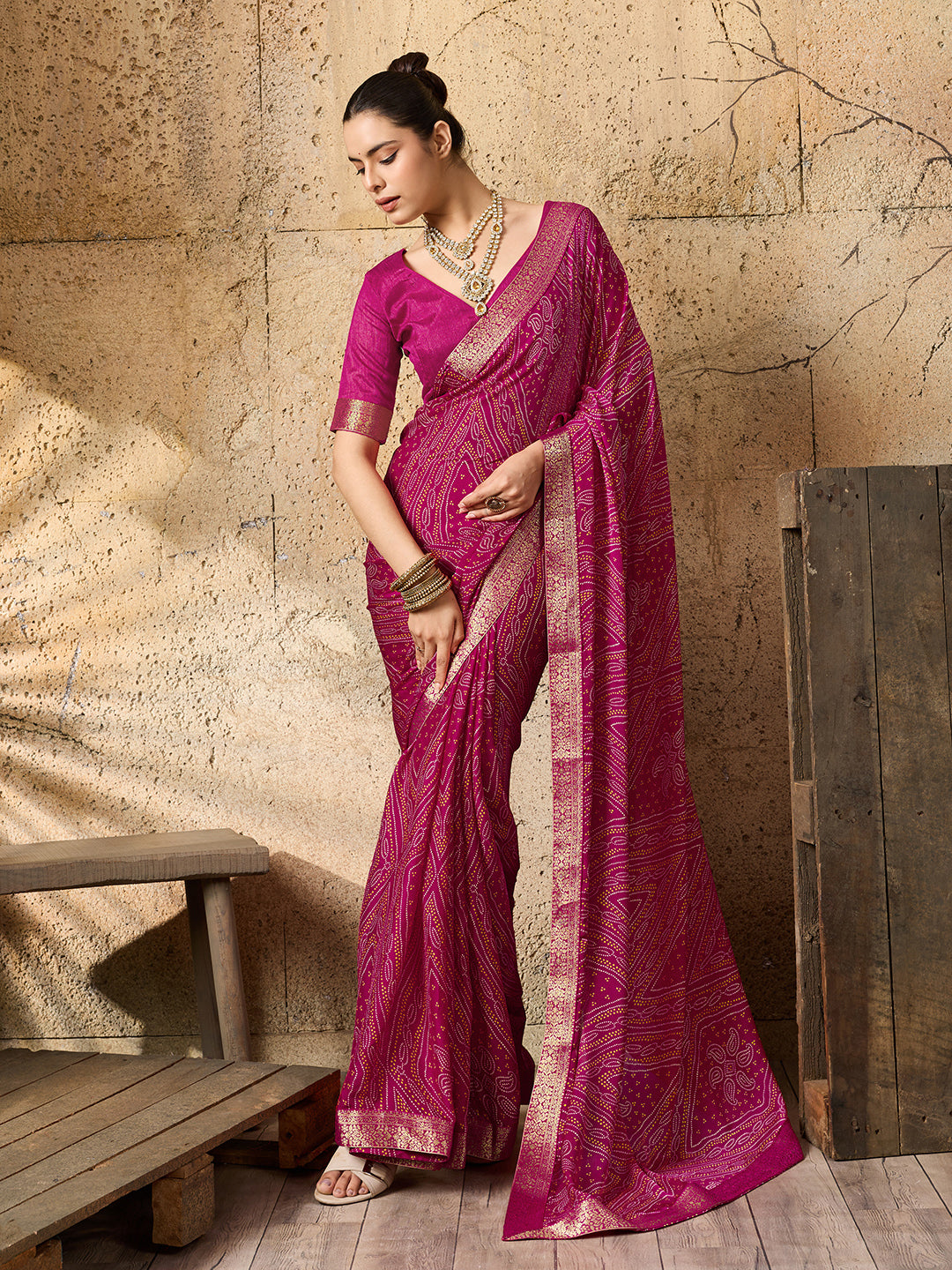 Tanmira Beautiful Moss Chiffon Georgette Bandhani Sarees Rani