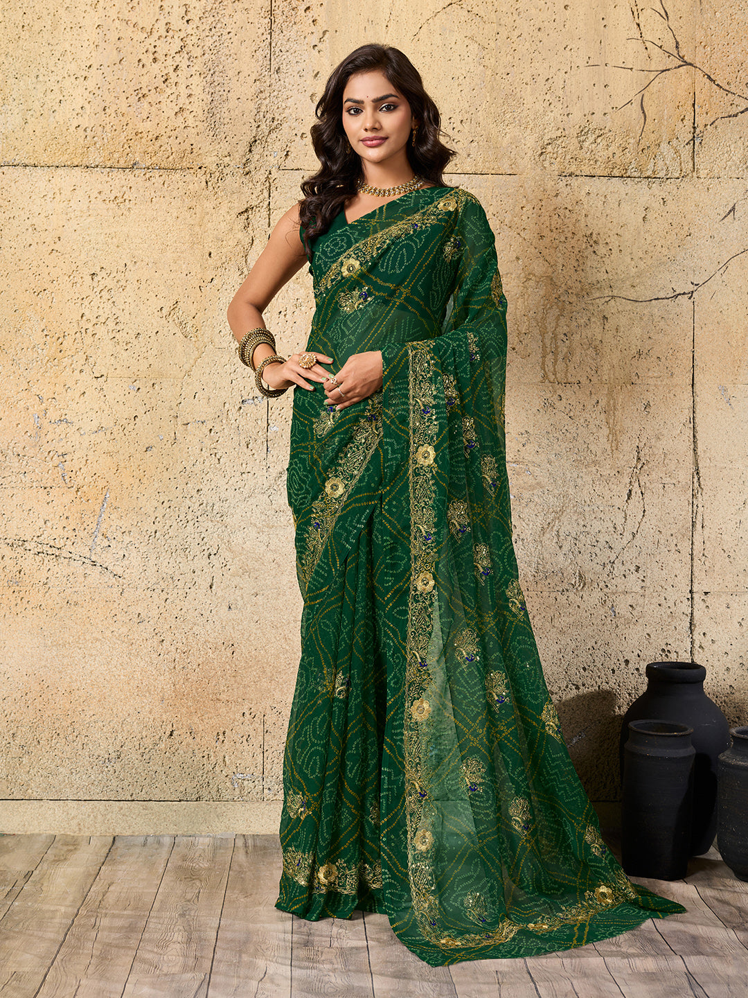Tanmira  latest Royal Bandhani Georgette Saree With Golden Embellishments JAY