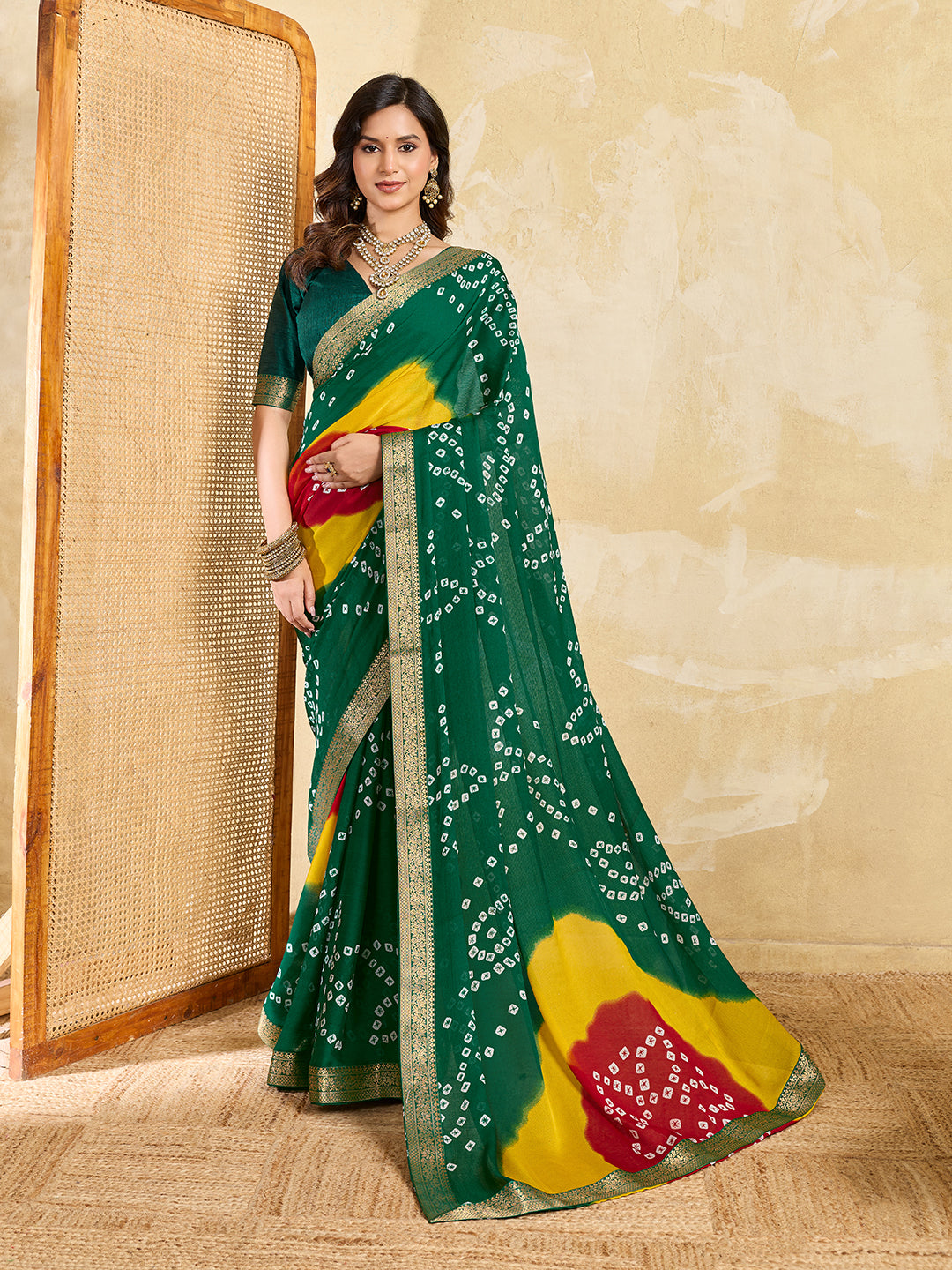 Tanmira  New Elegant Moss Chiffon Georgette Bandhani Saree with Zari Border KDN