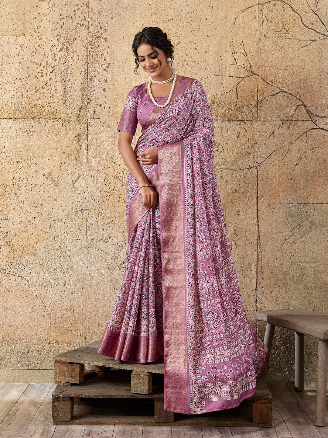 Tanmira  Beautiful Cotton silk Ajrakh style With Ajrakh HandPrint Work Saree STL