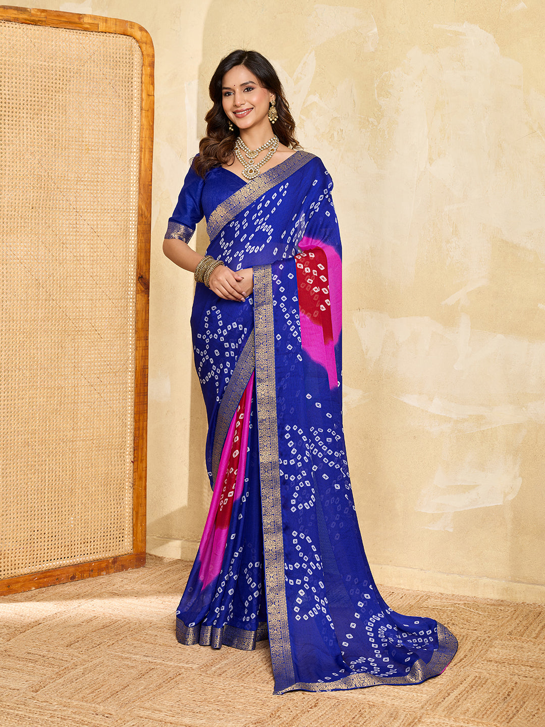 Tanmira  New Classic Bandhani Style Moss Chiffon Georgette Saree with Rich Zari Border KDN