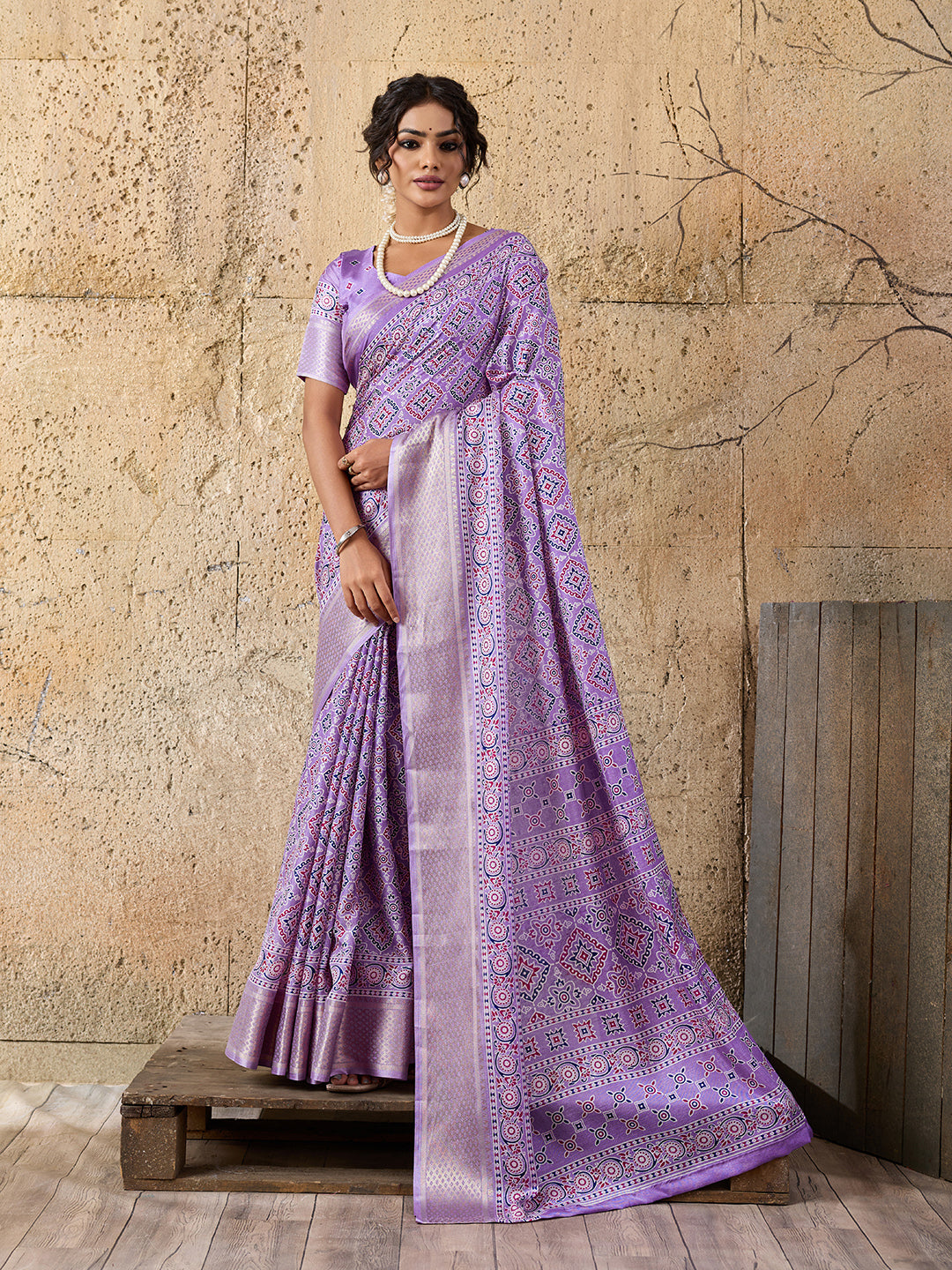 Tanmira  New Launched Cotton silk Ajrakh style With Ajrakh HandPrint Work Saree STL