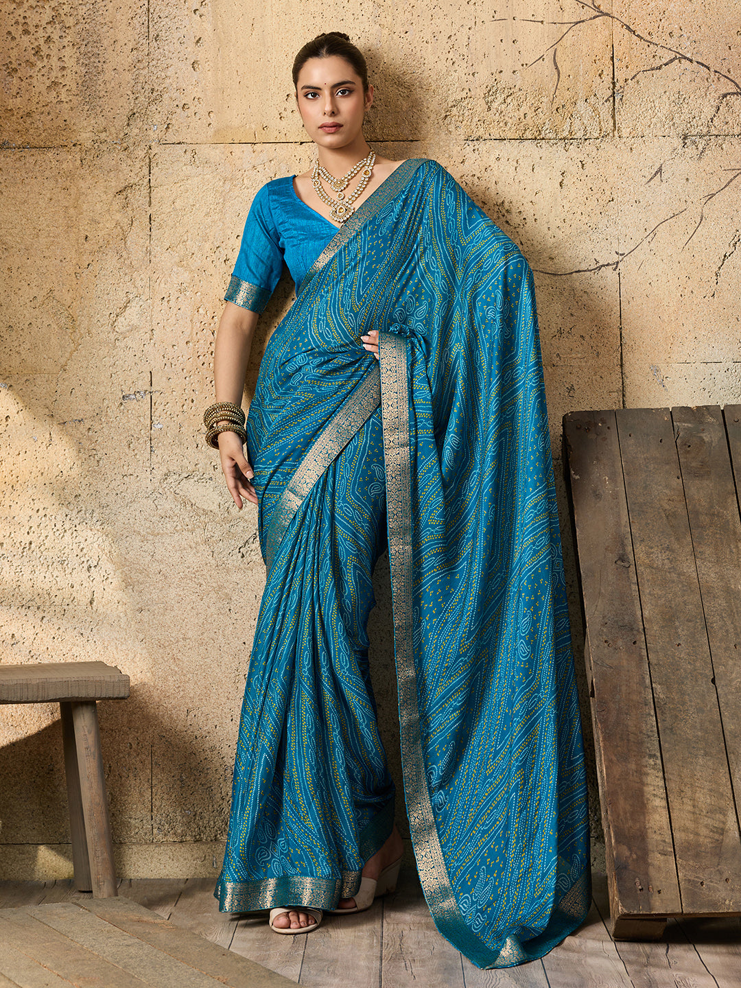 Tanmira Beautiful Moss Chiffon Georgette Bandhani Sarees  Firoji